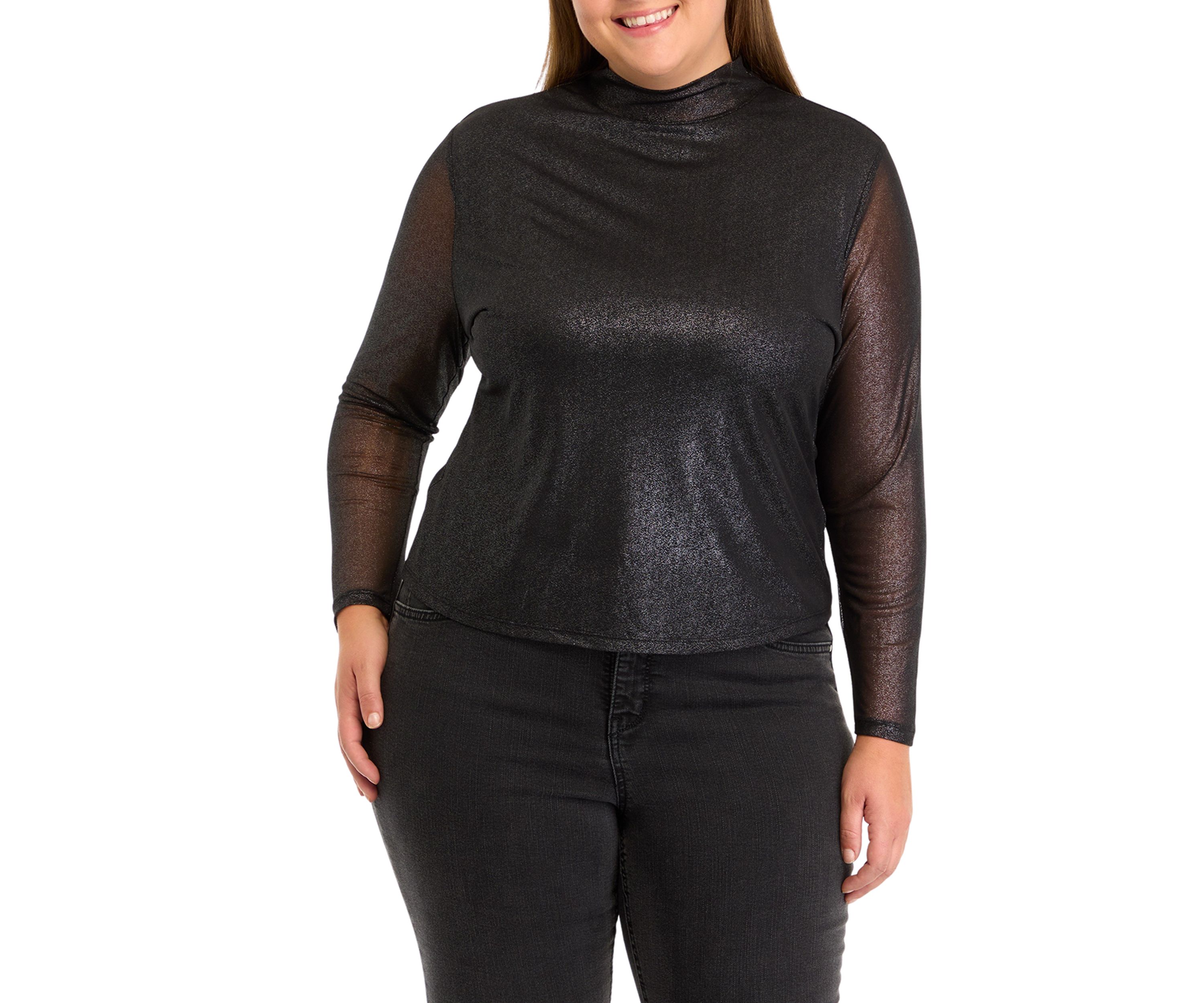 Plus Size Mesh Mock Neck Knit Foil Top