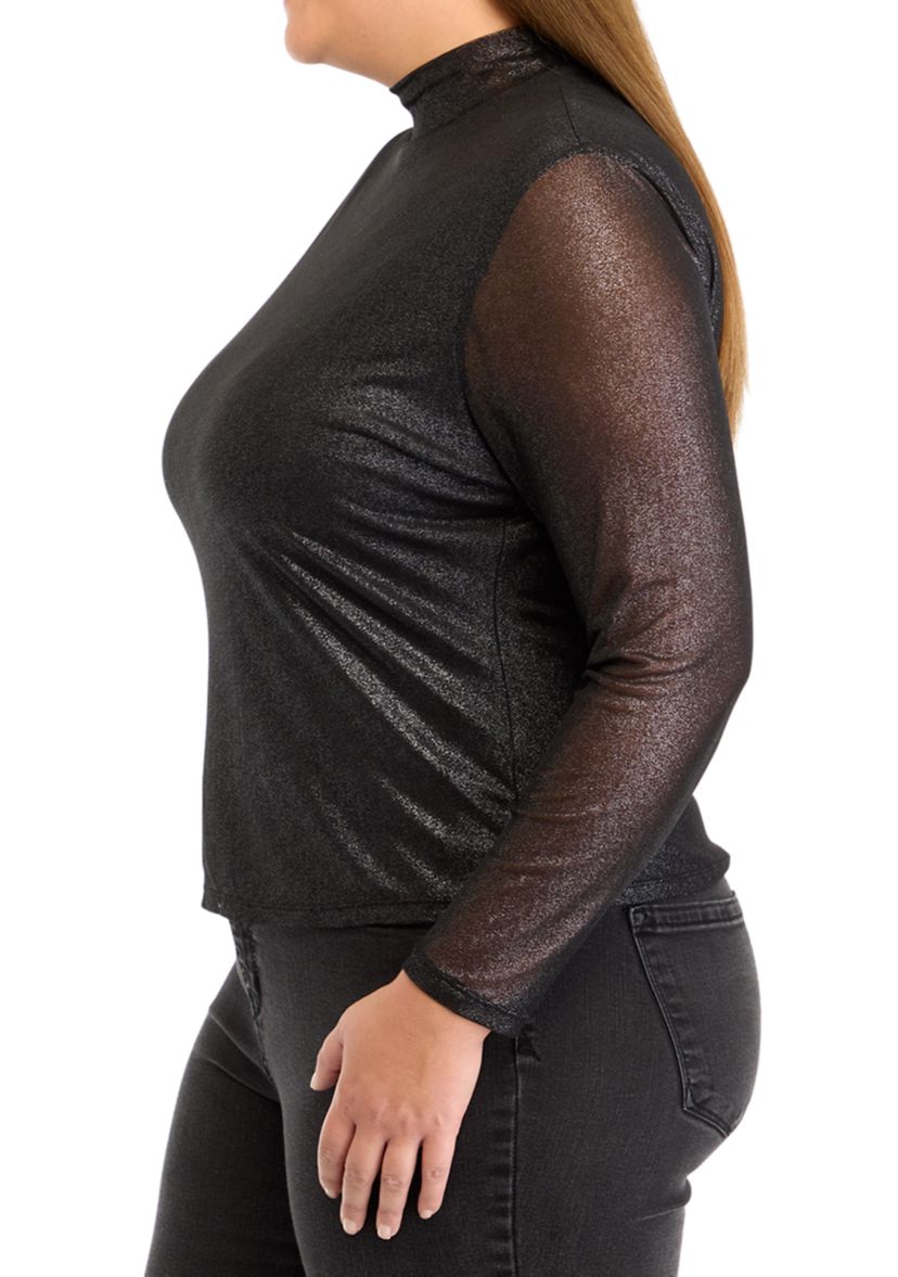 Plus Size Mesh Mock Neck Knit Foil Top