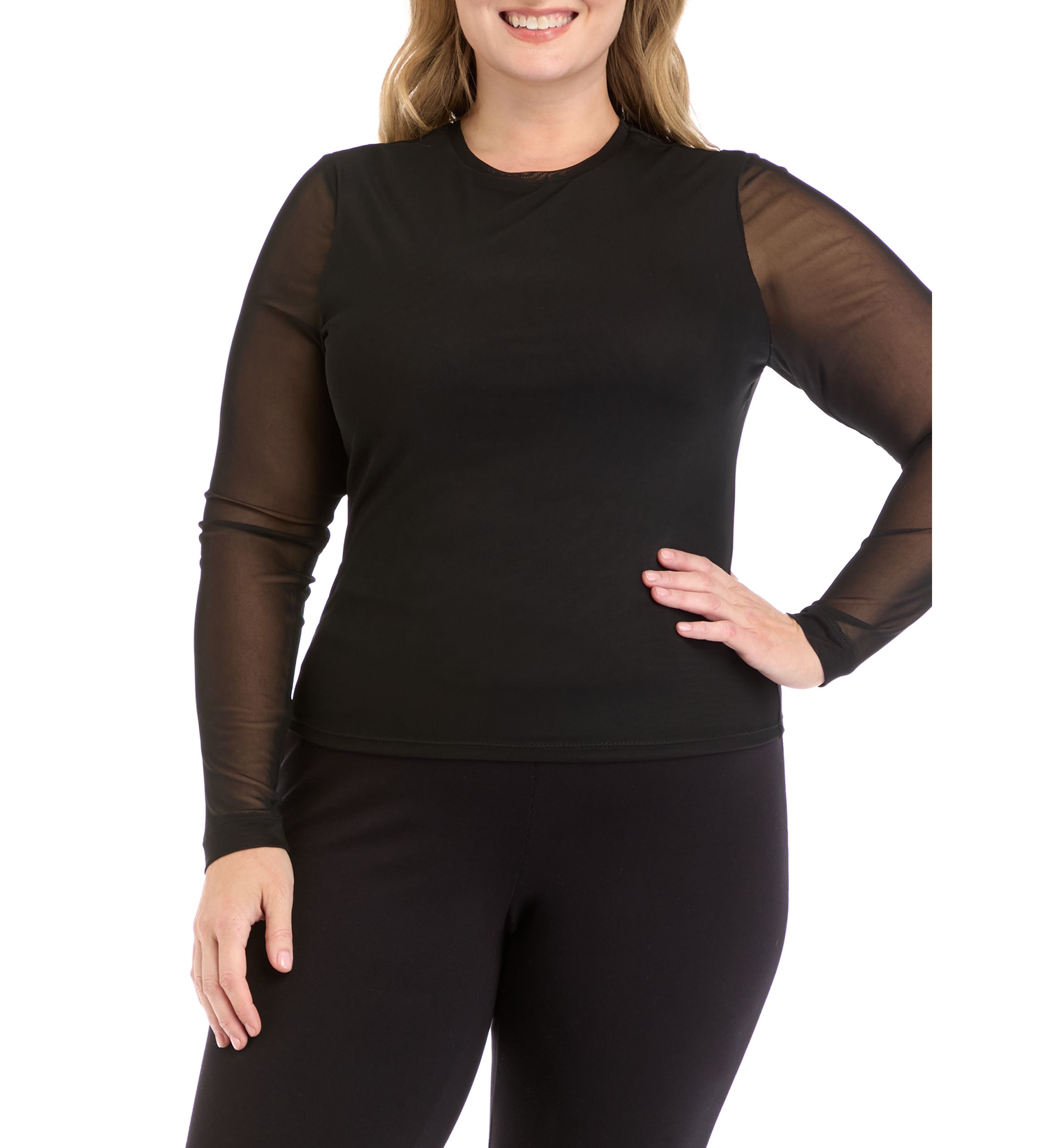 Plus Size Long Sleeve Printed Mesh T-Shirt 