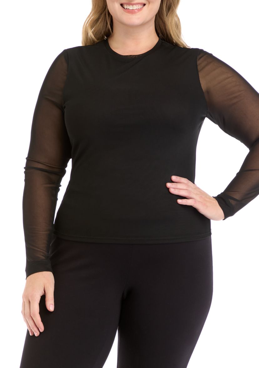 Plus Size Long Sleeve Printed Mesh T-Shirt 
