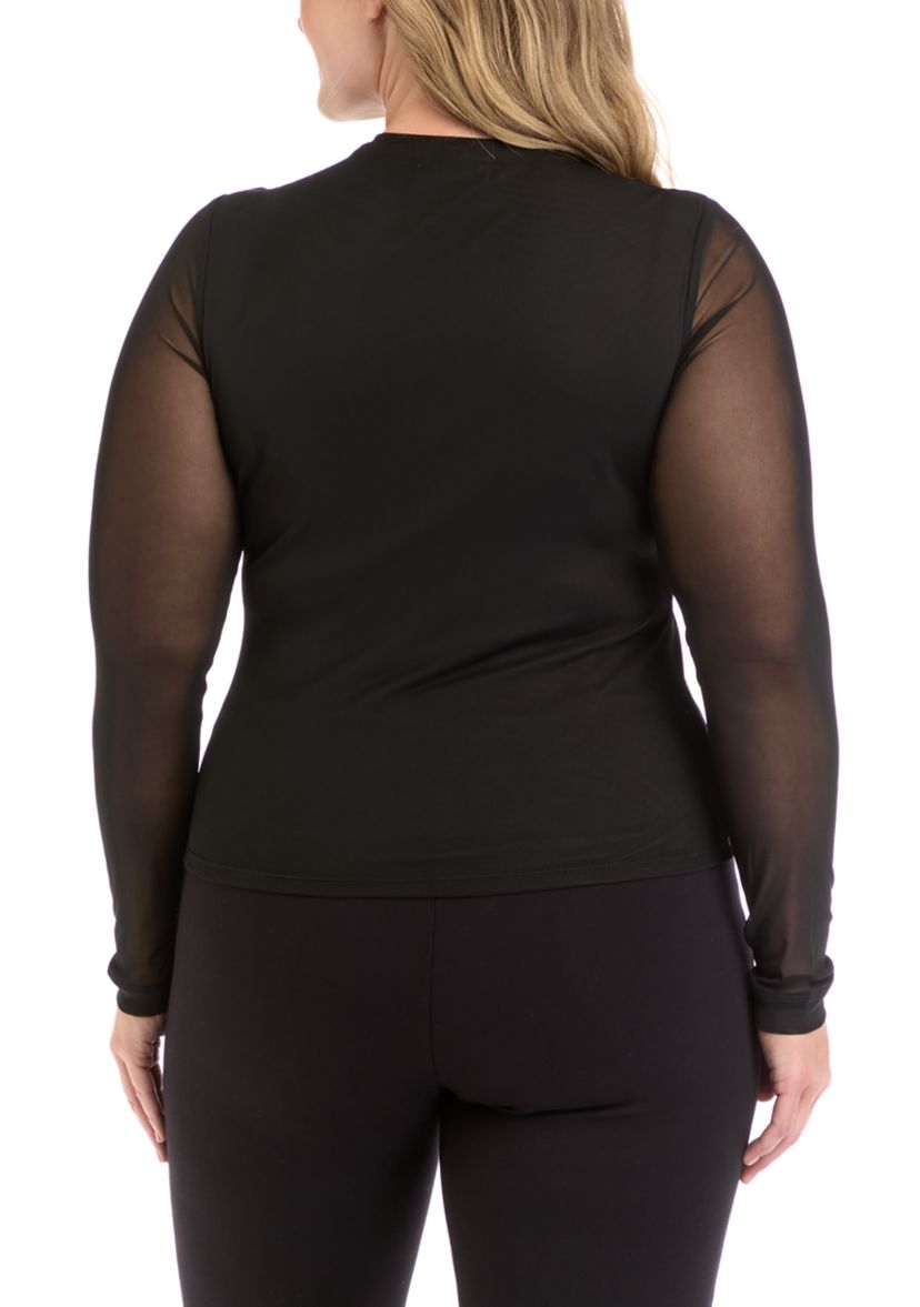 Plus Size Long Sleeve Printed Mesh T-Shirt 