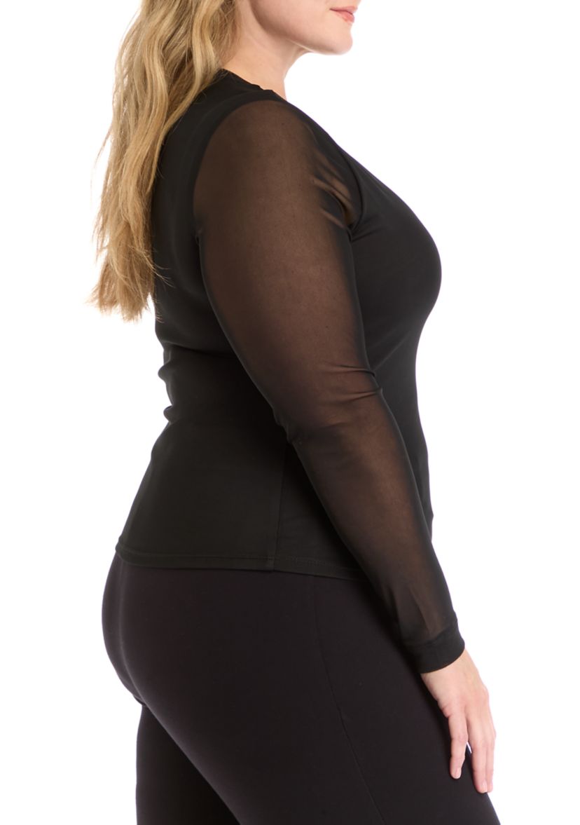 Plus Size Long Sleeve Printed Mesh T-Shirt 
