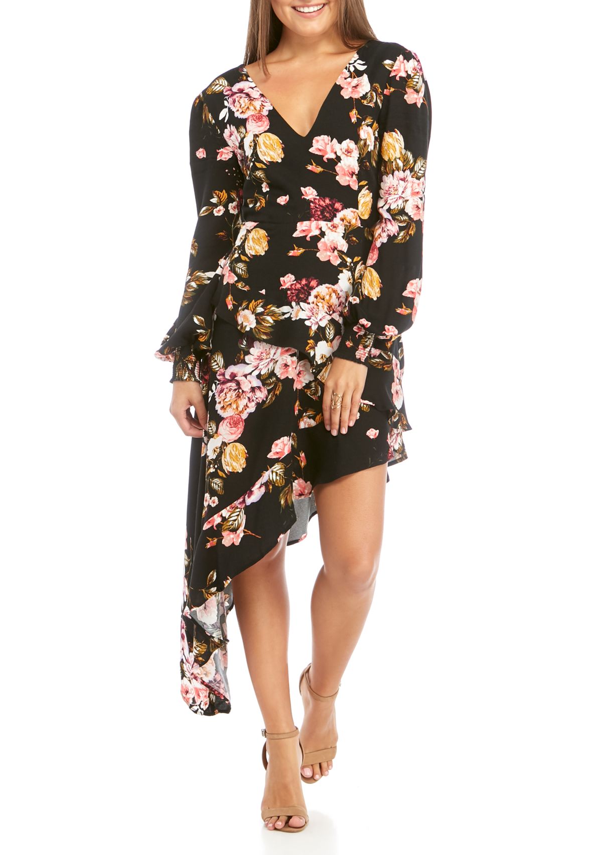 Juniors Long Sleeve Asymmetrical Ruffle Dress