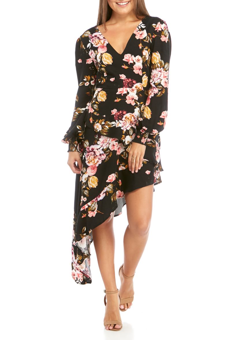 Juniors Long Sleeve Asymmetrical Ruffle Dress