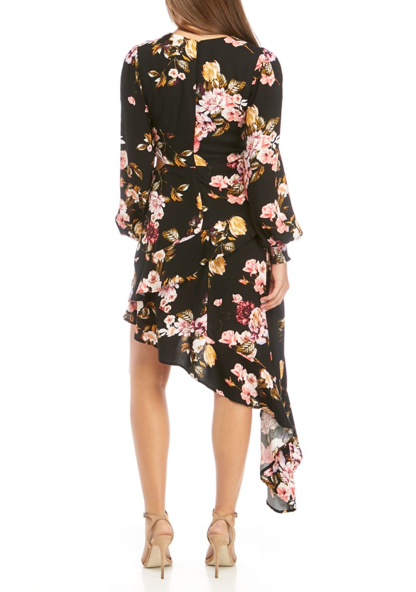 Juniors Long Sleeve Asymmetrical Ruffle Dress