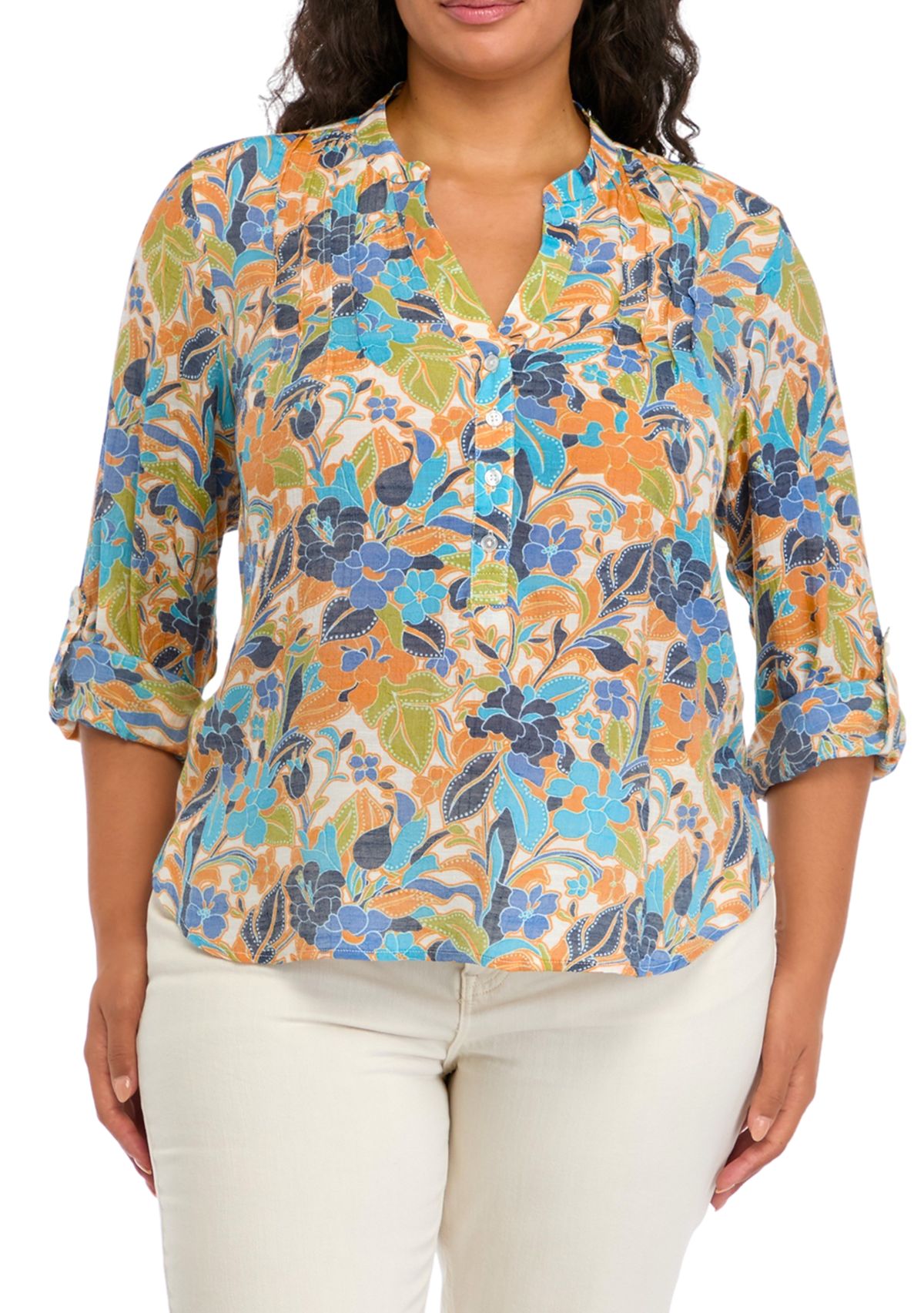 Plus Size Roll Tab Henley Woven Shirt