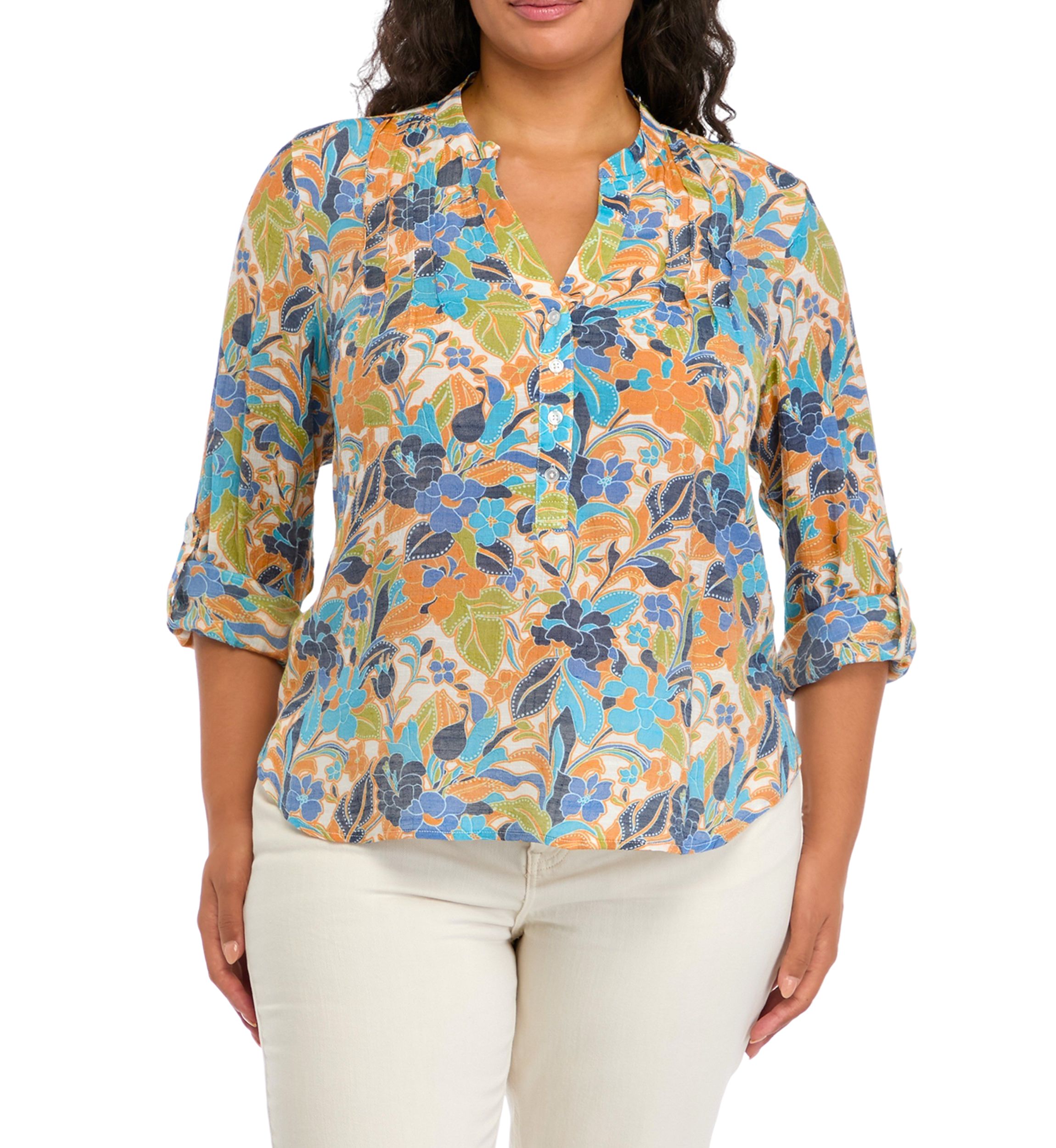 Plus Size Roll Tab Henley Woven Shirt