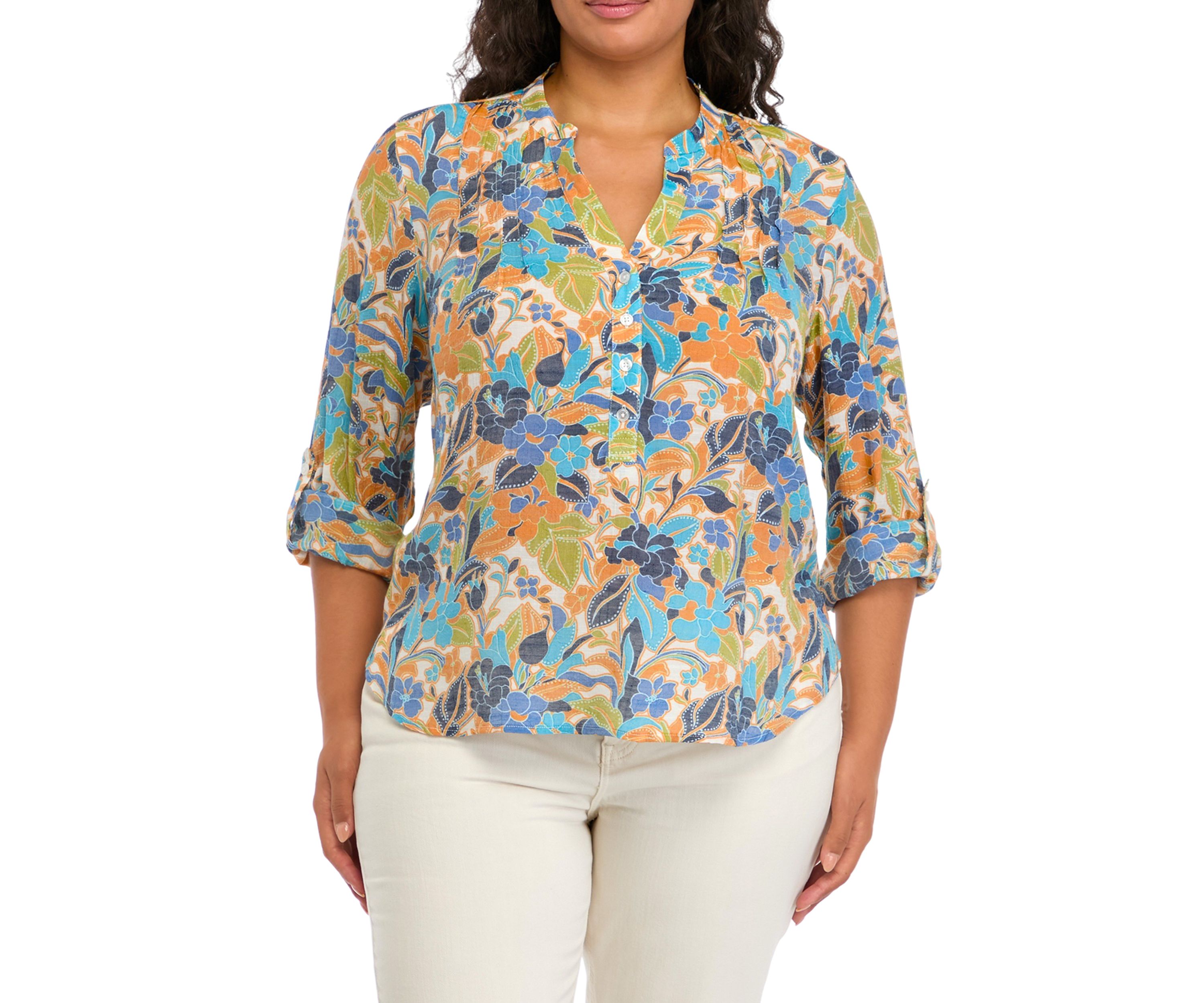 Plus Size Roll Tab Henley Woven Shirt