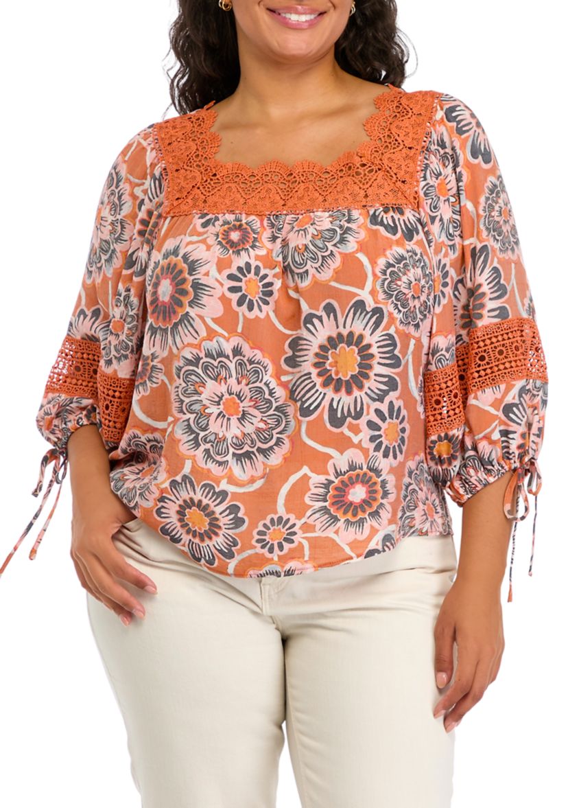 Plus Size 3/4 Sleeve Printed Crochet Trim Shirt