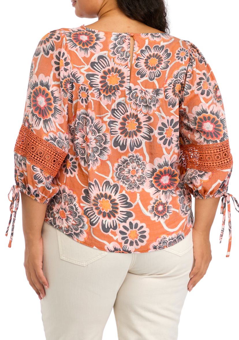 Plus Size 3/4 Sleeve Printed Crochet Trim Shirt