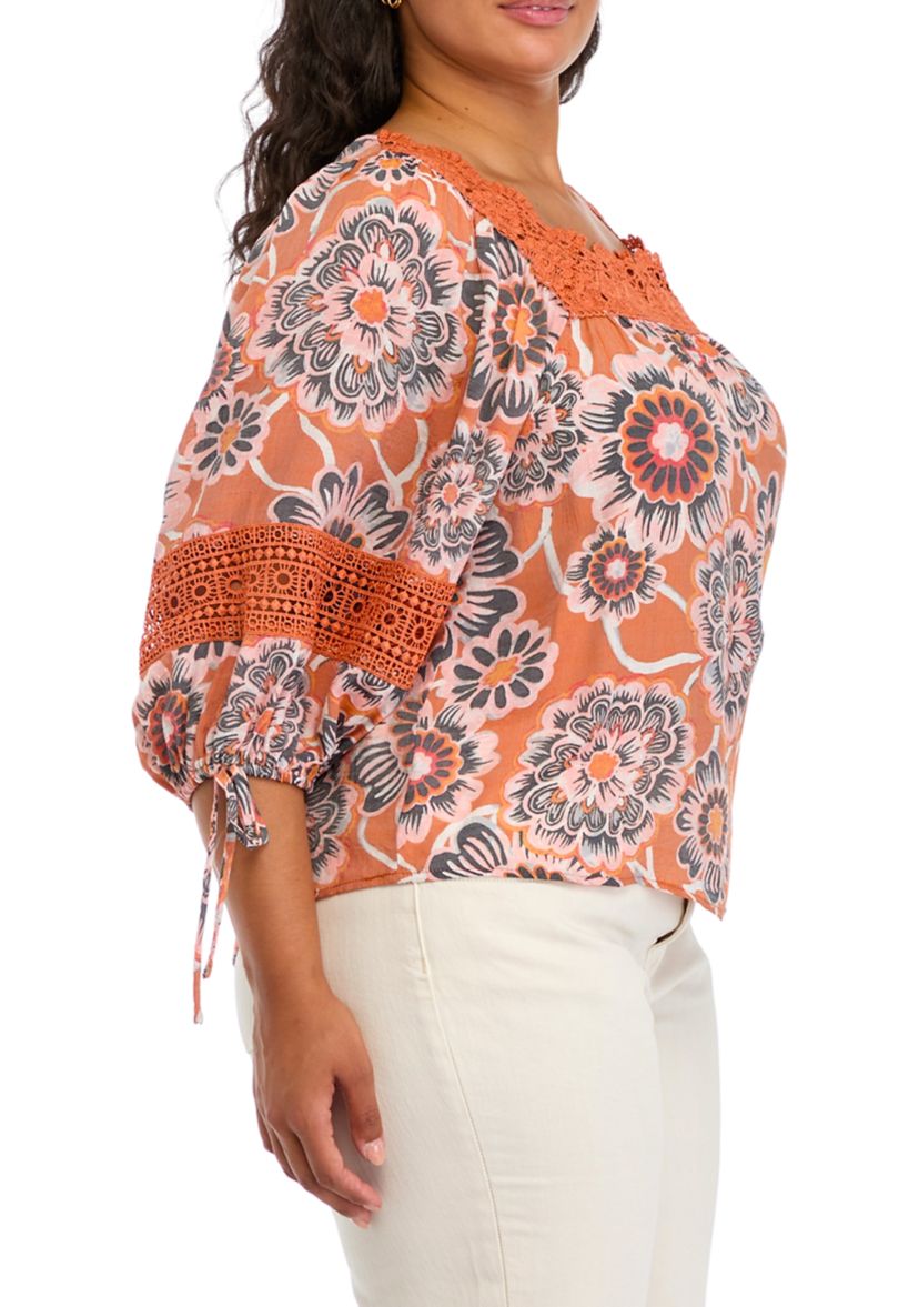 Plus Size 3/4 Sleeve Printed Crochet Trim Shirt