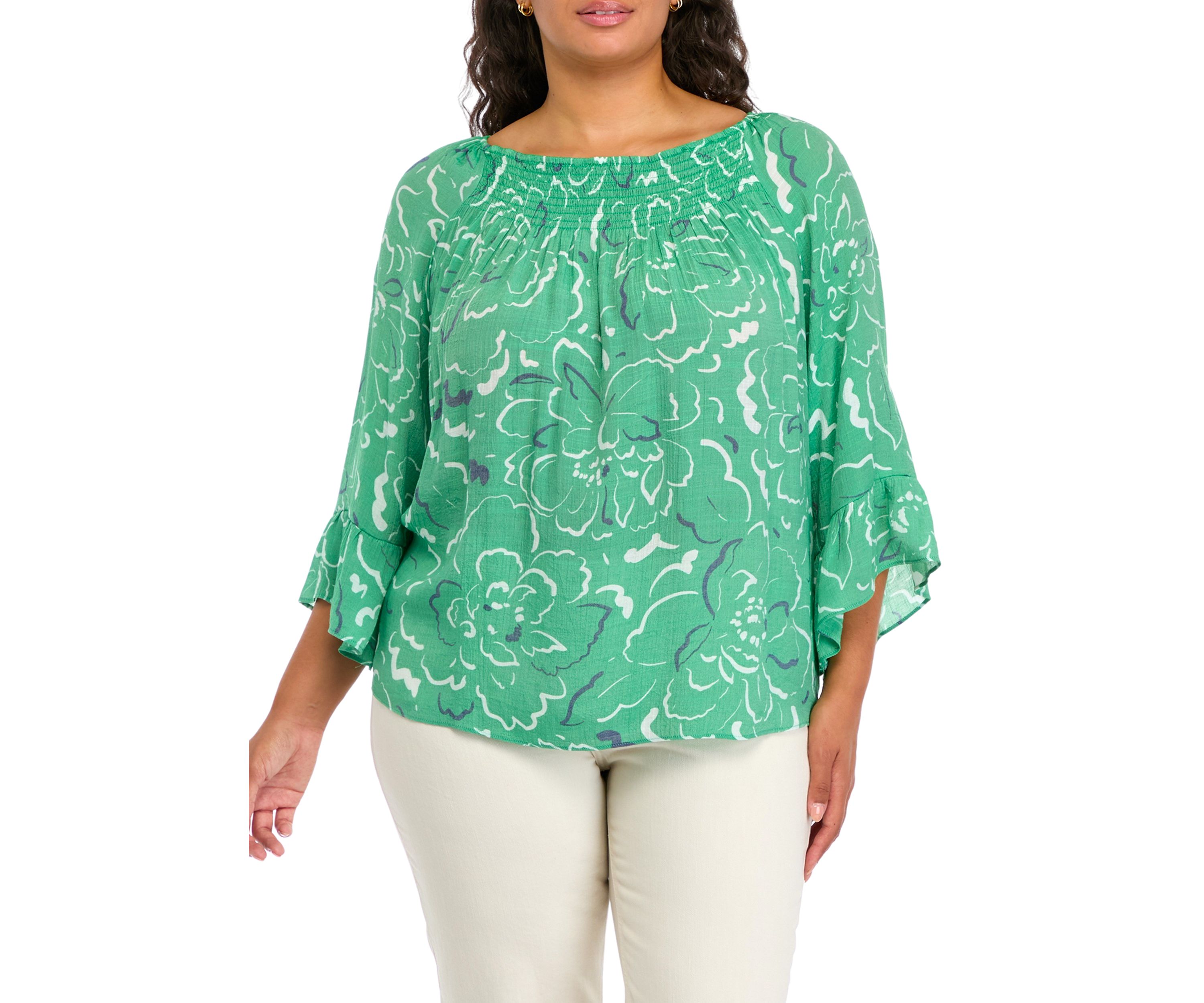 Plus Size Smocked Yoke 3/4 Sleeve Woven Shirt