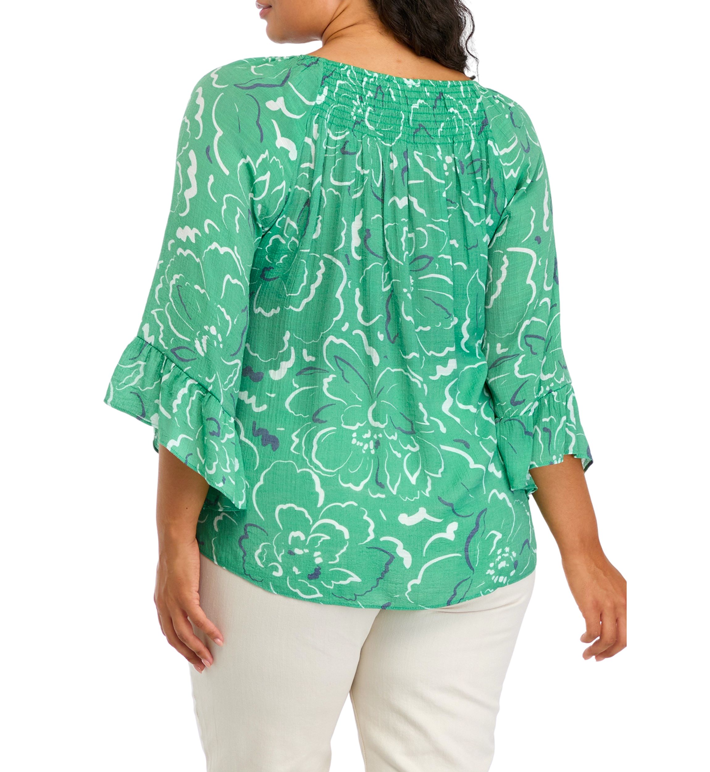 Plus Size Smocked Yoke 3/4 Sleeve Woven Shirt