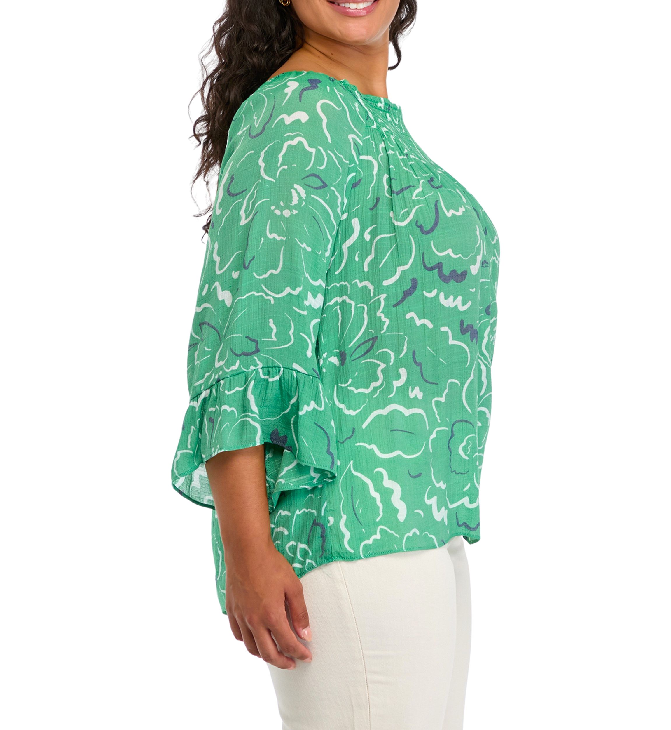 Plus Size Smocked Yoke 3/4 Sleeve Woven Shirt