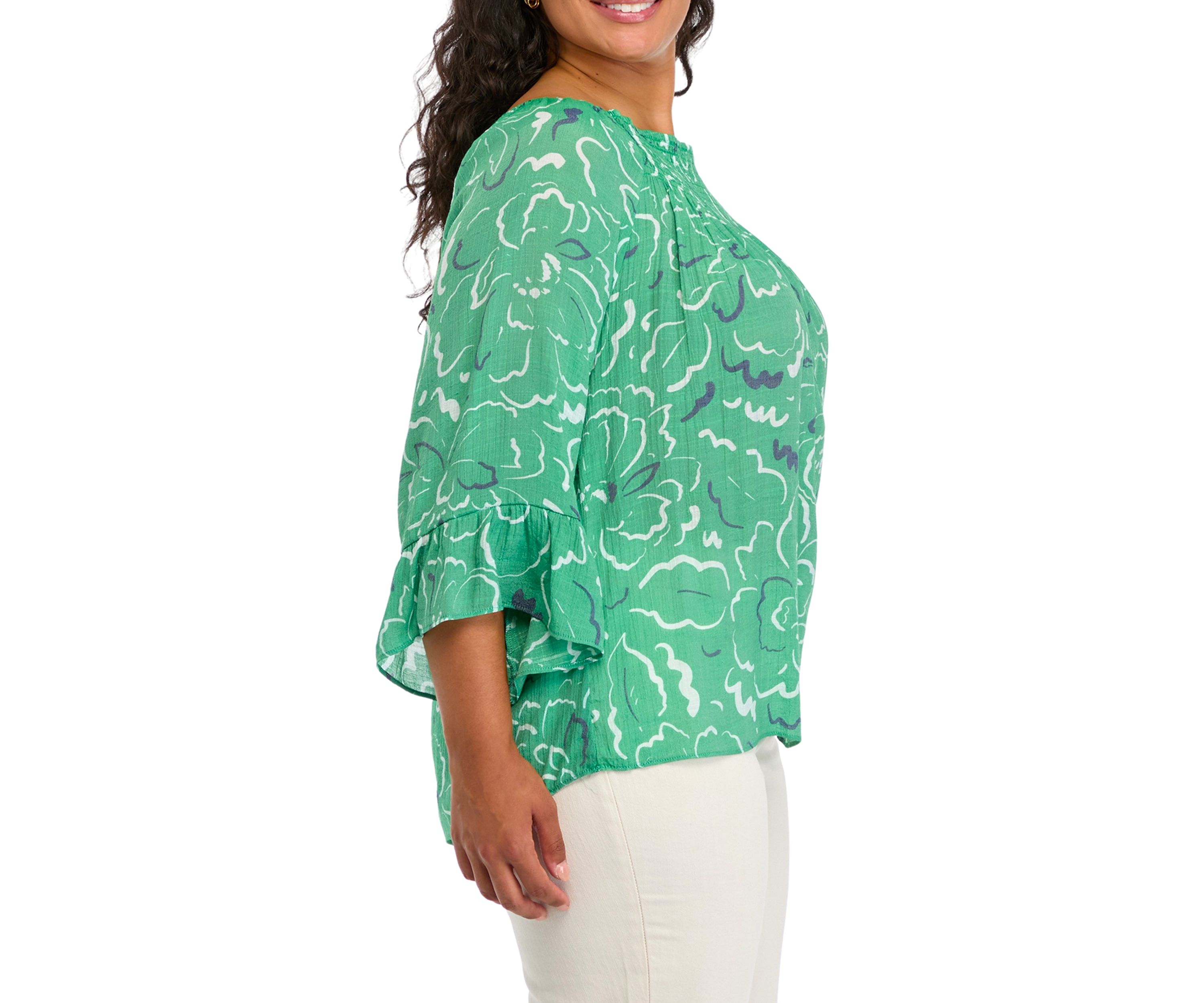 Plus Size Smocked Yoke 3/4 Sleeve Woven Shirt