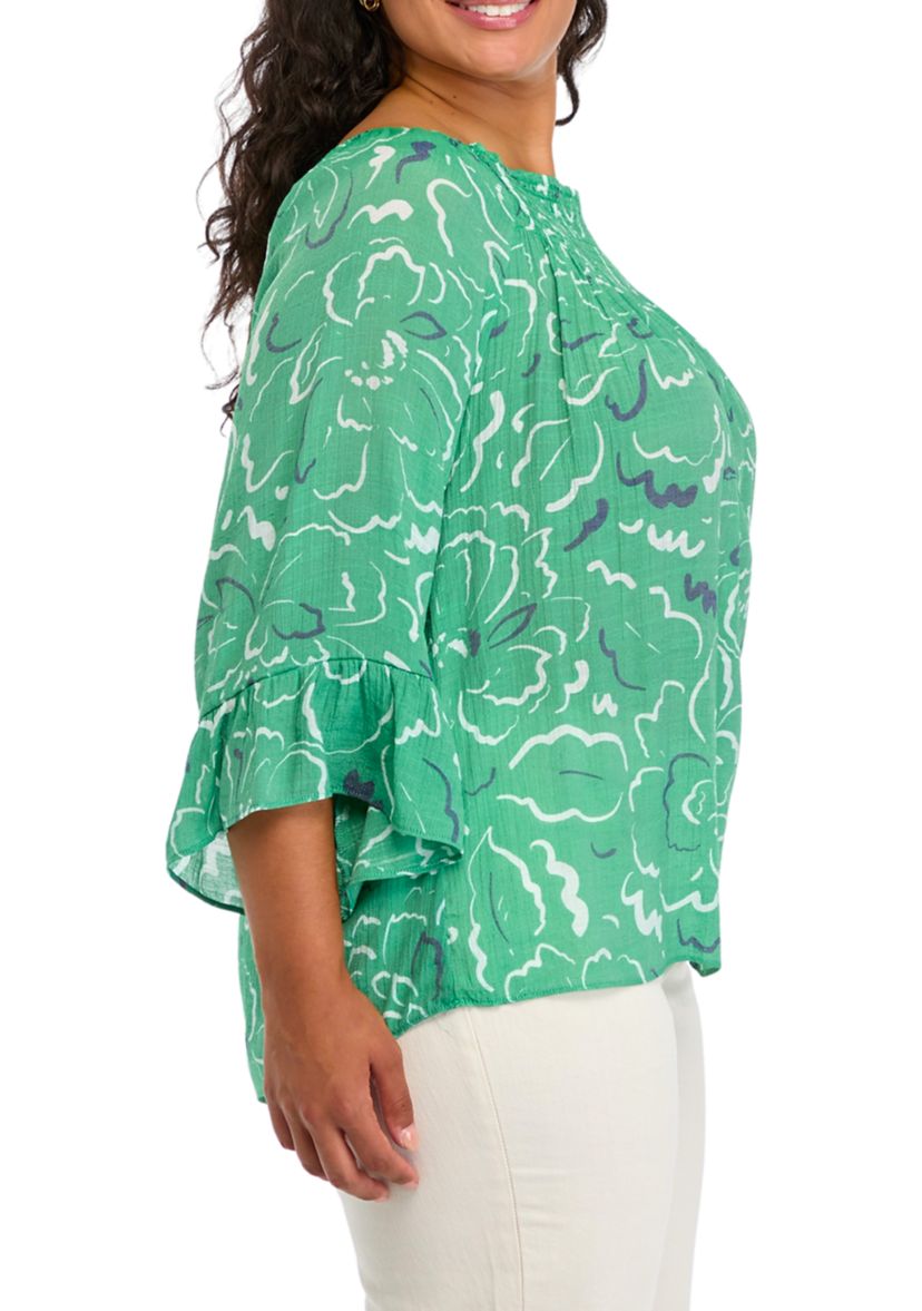 Plus Size Smocked Yoke 3/4 Sleeve Woven Shirt
