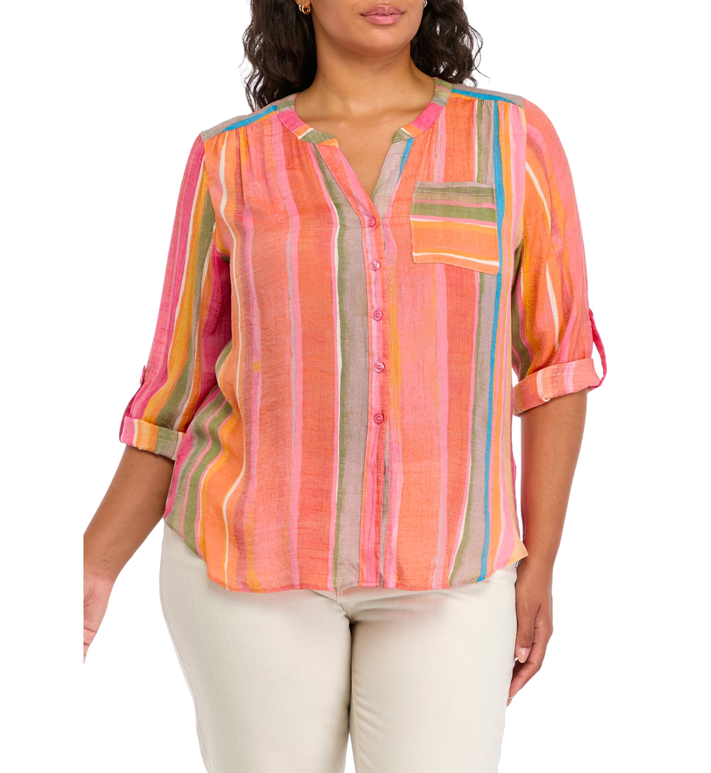 Plus Size Roll Tab Tie Front Woven Shirt