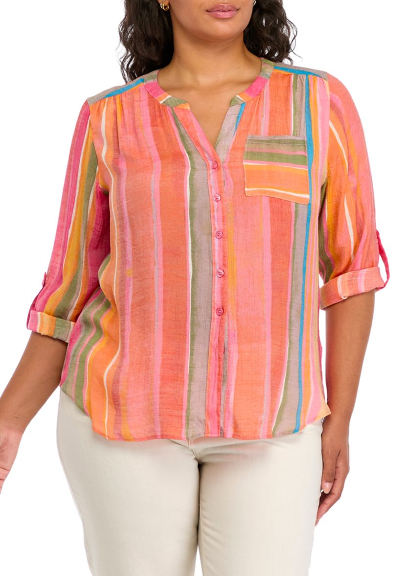 Plus Size Roll Tab Tie Front Woven Shirt