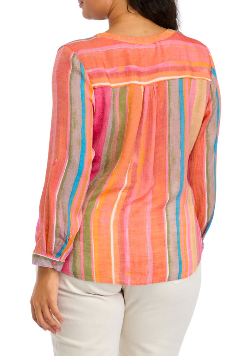Plus Size Roll Tab Tie Front Woven Shirt