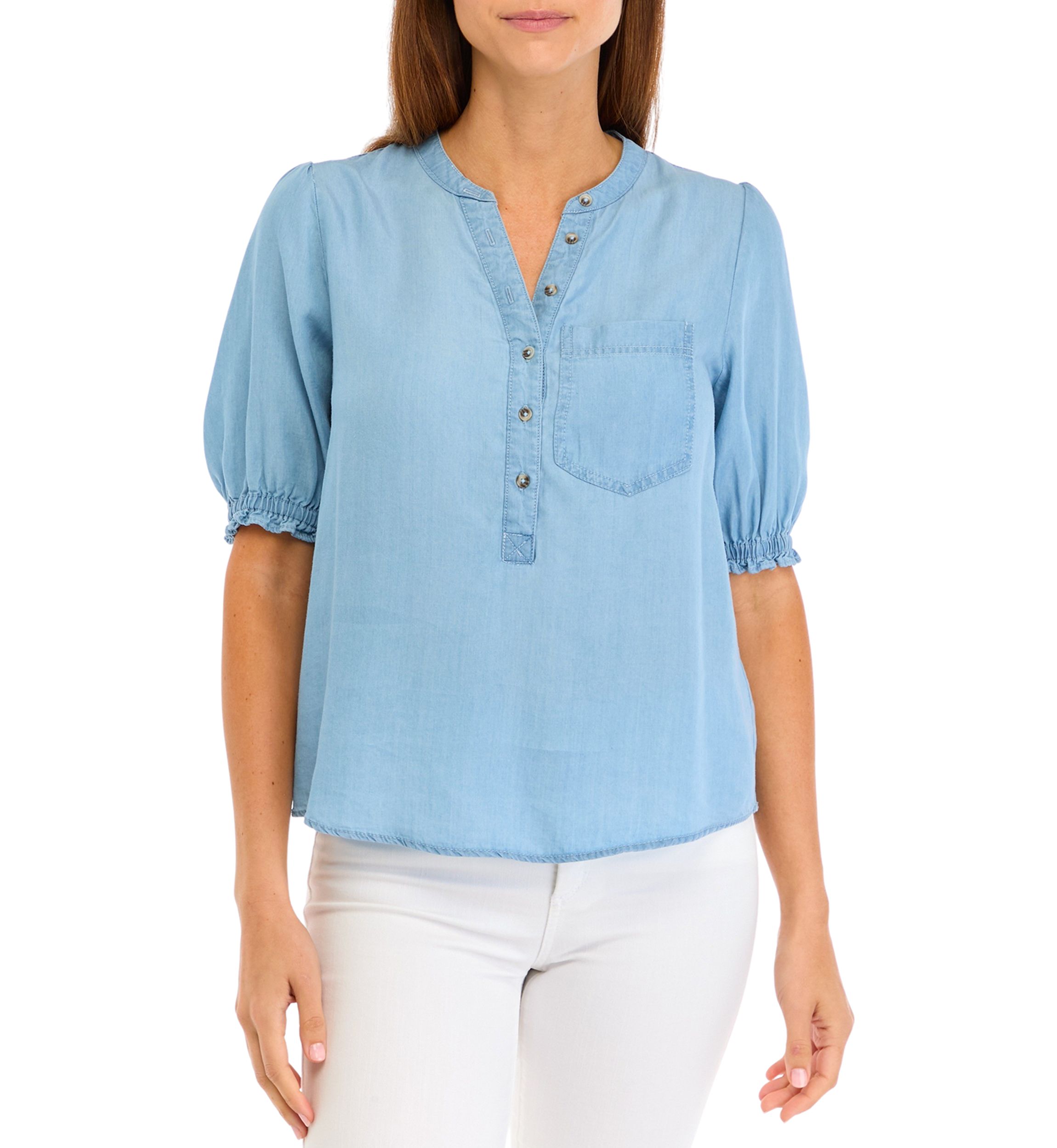 Womens Puff Sleeve Light Wash Top 