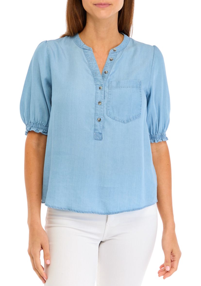 Womens Puff Sleeve Light Wash Top 