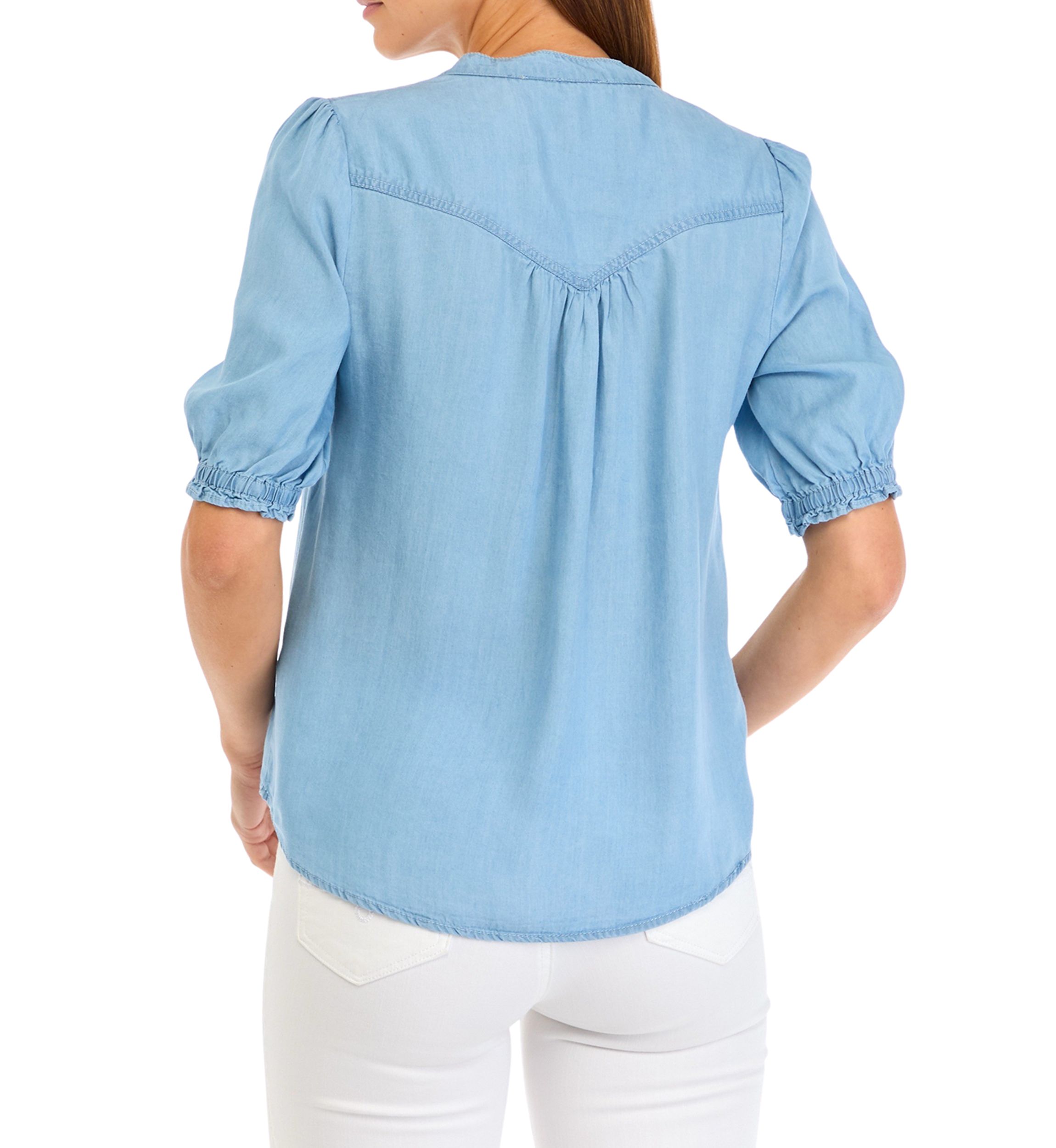 Womens Puff Sleeve Light Wash Top 