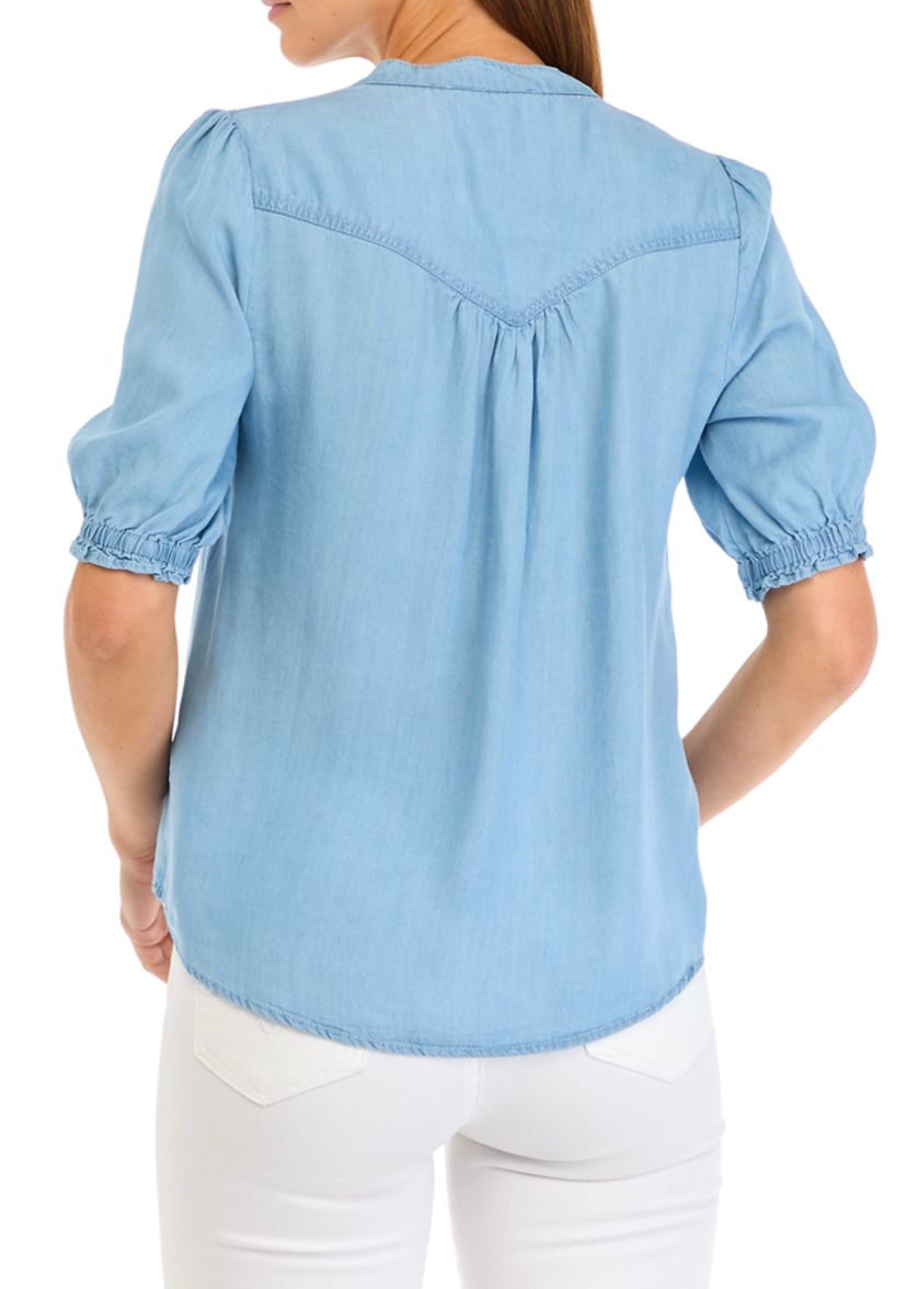 Womens Puff Sleeve Light Wash Top 