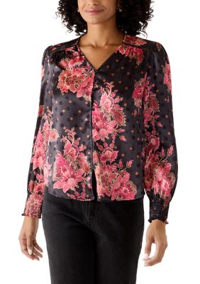 ZAC & RACHEL Women's Floral Long Sleeve V-Neck Blouse, Black, Large