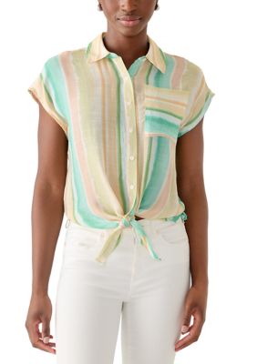 Sharagano Women's Petite Short Sleeve Button Down Tie Front Top, PS