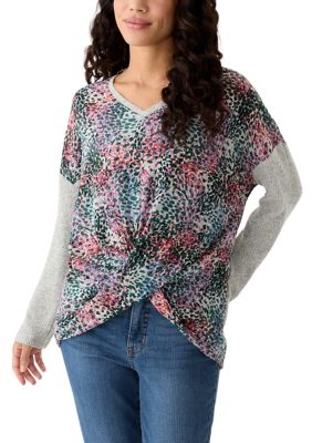 ZAC & RACHEL Women's Petite Printed Heather Luxe Ribbed Mixed Knit Top, Grey, PXL