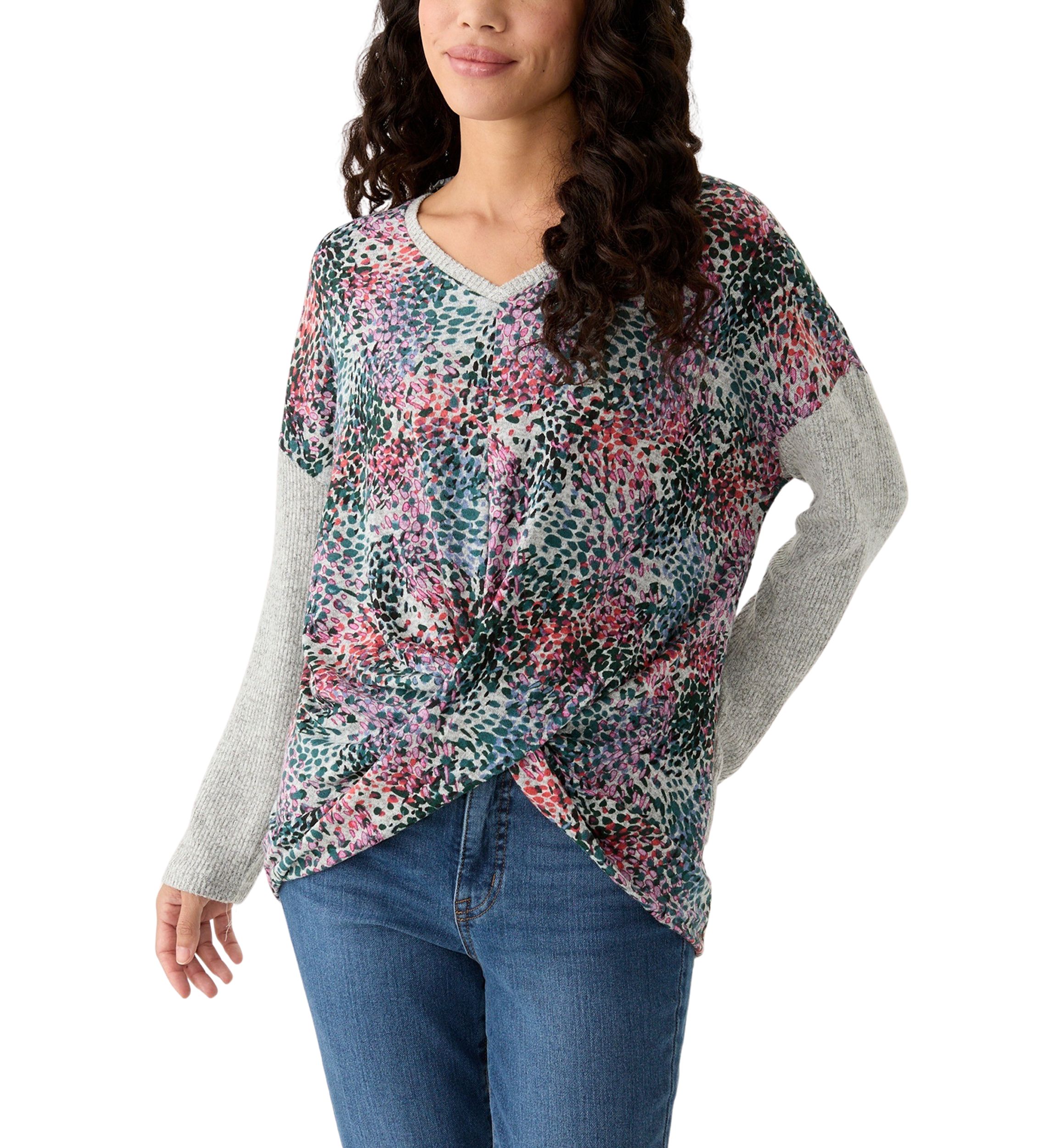 Petite Printed Heather Luxe Ribbed Mixed Knit Top