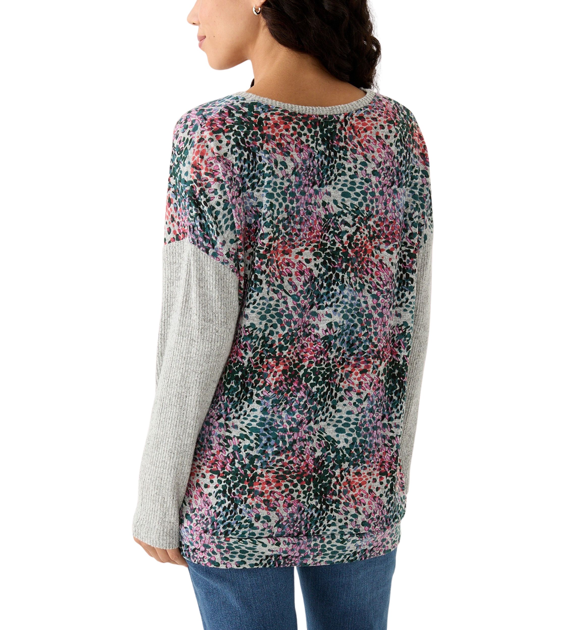 Petite Printed Heather Luxe Ribbed Mixed Knit Top