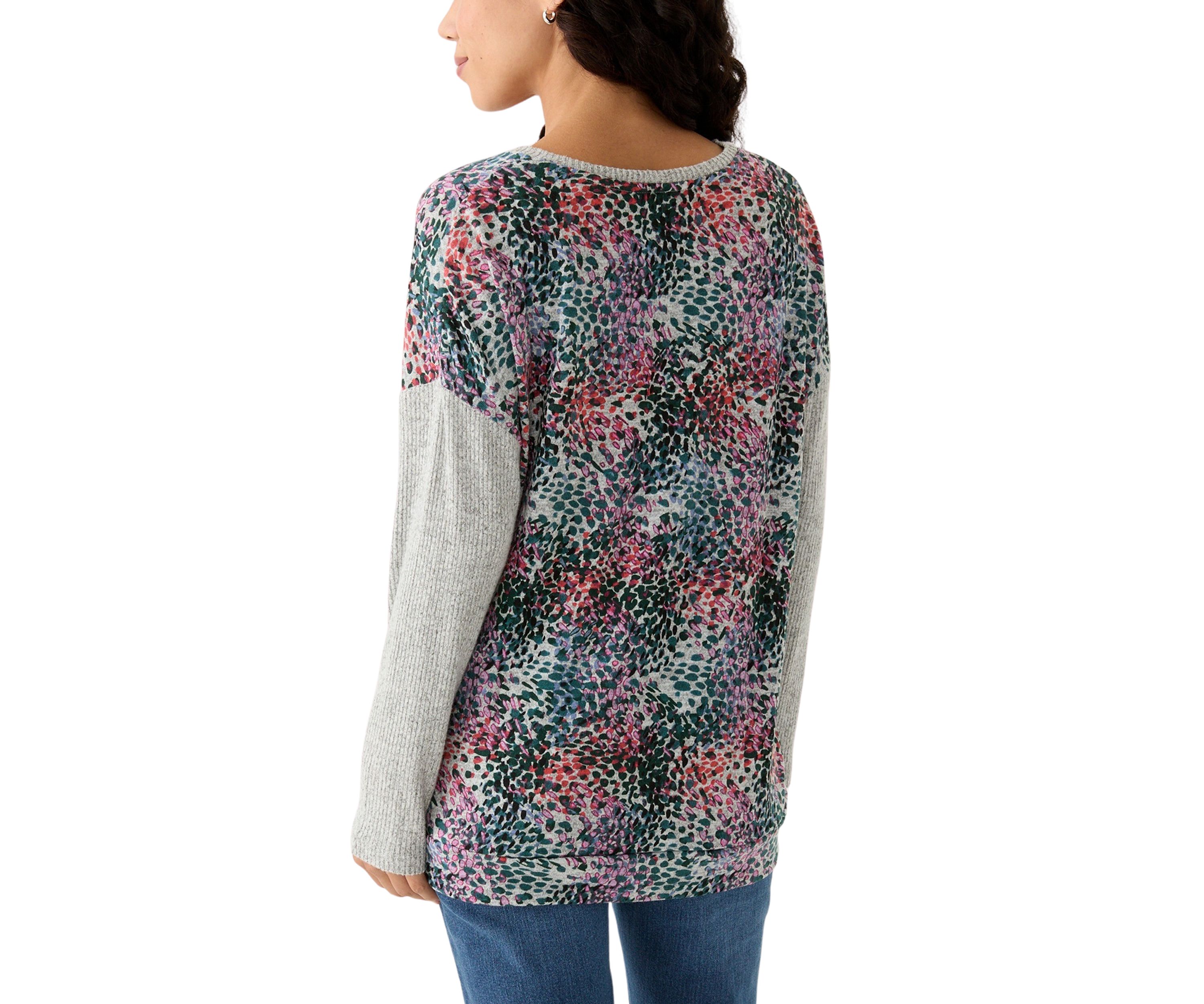 Petite Printed Heather Luxe Ribbed Mixed Knit Top