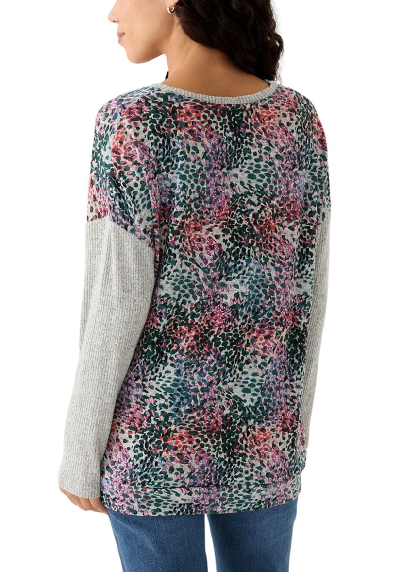 Petite Printed Heather Luxe Ribbed Mixed Knit Top