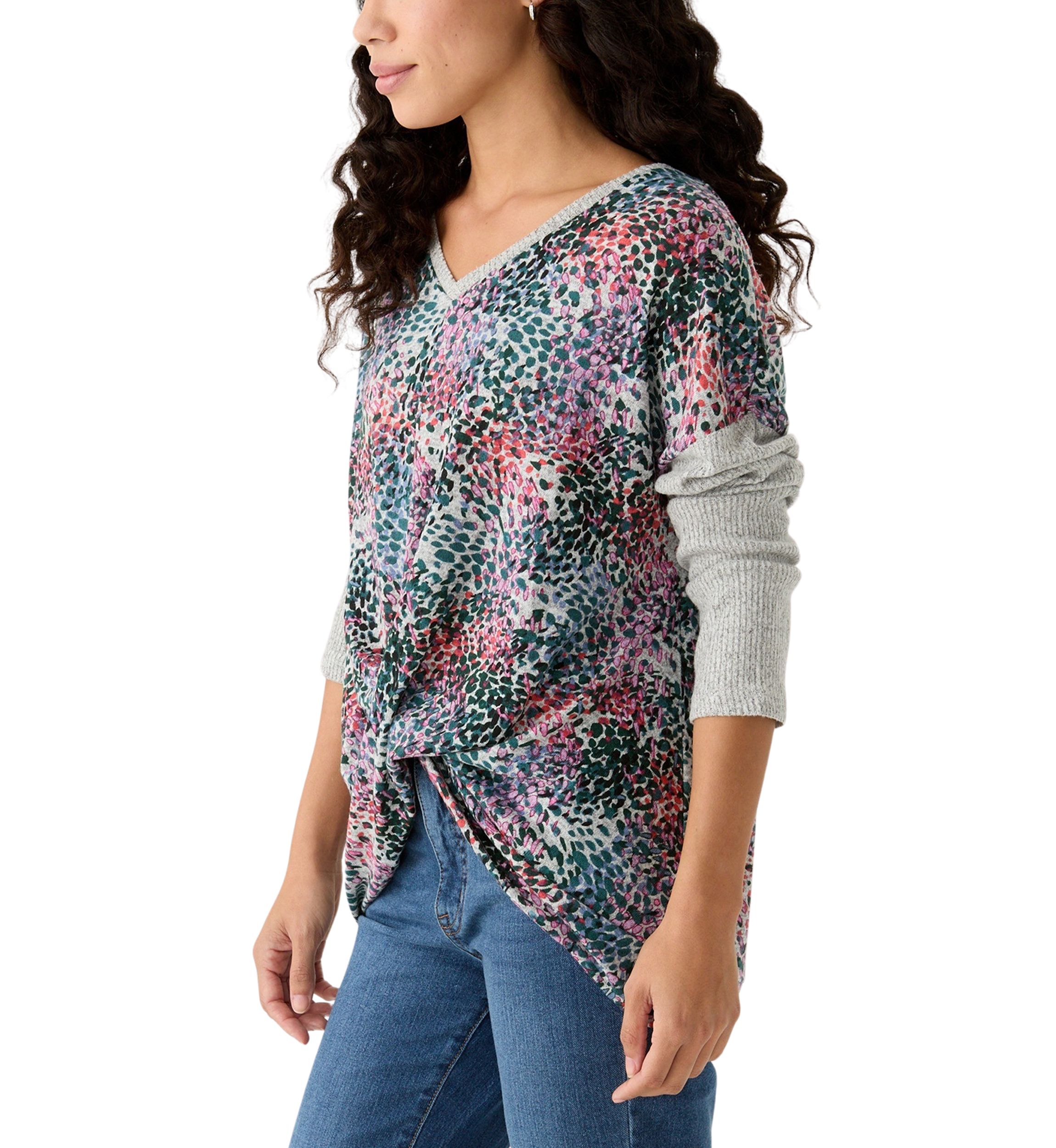 Petite Printed Heather Luxe Ribbed Mixed Knit Top