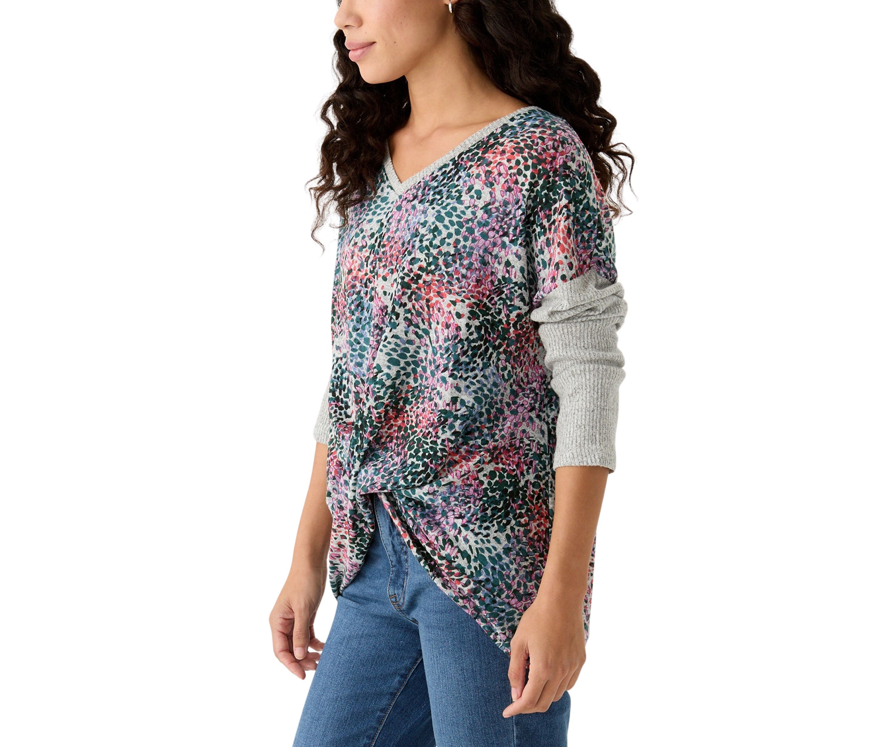 Petite Printed Heather Luxe Ribbed Mixed Knit Top