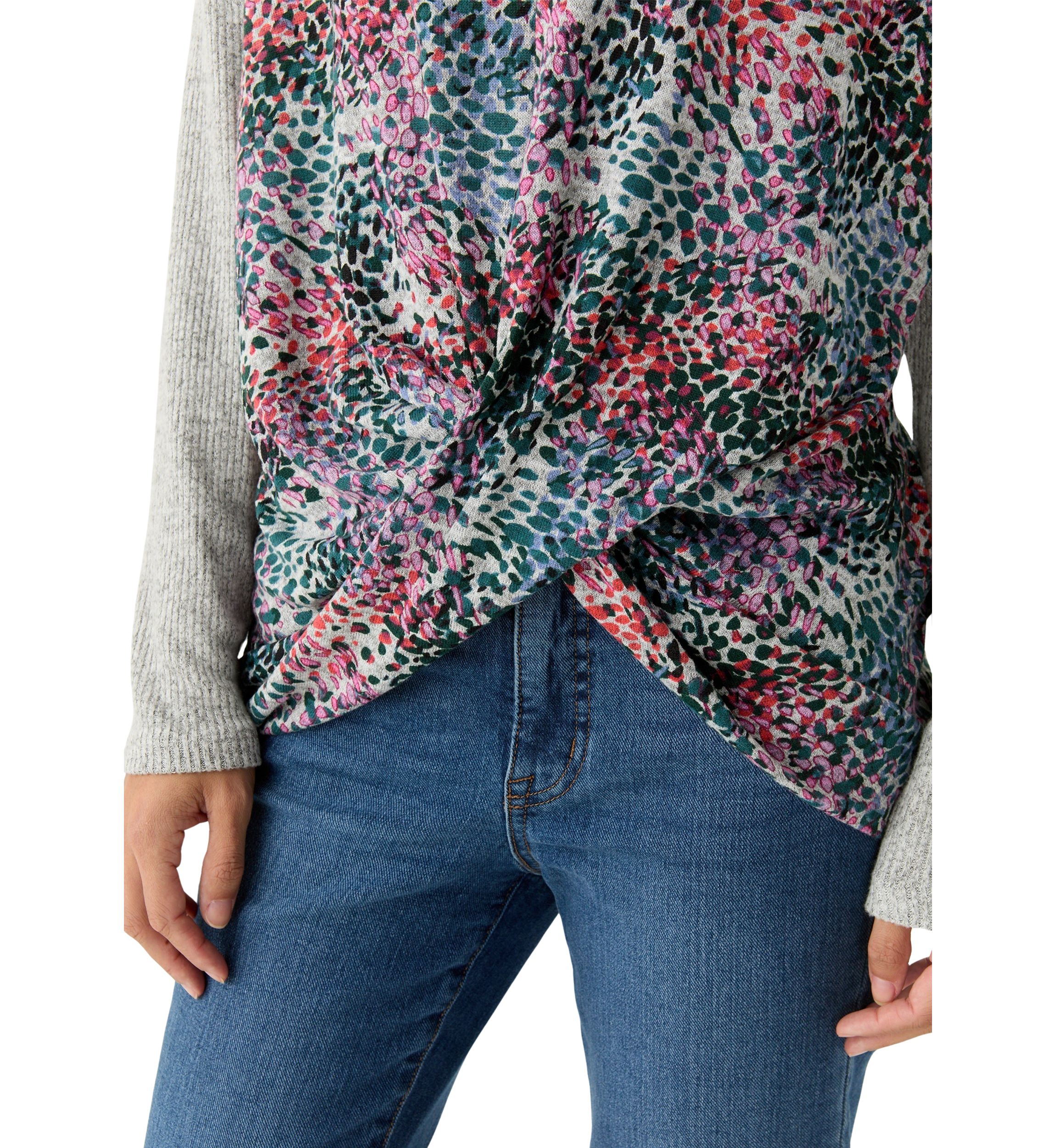 Petite Printed Heather Luxe Ribbed Mixed Knit Top