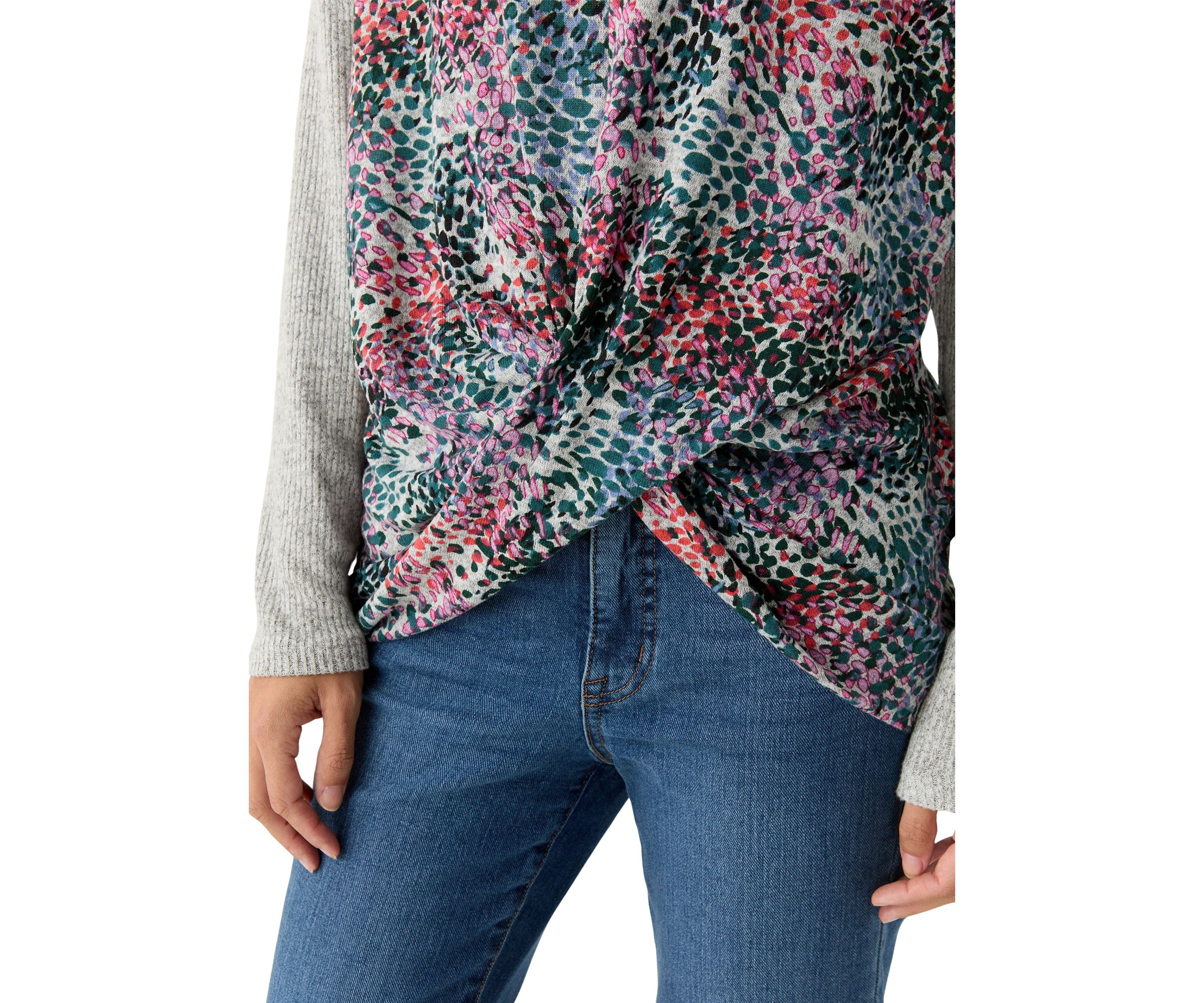 Petite Printed Heather Luxe Ribbed Mixed Knit Top