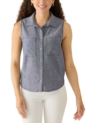 Sharagano Women's Petite Sleeveless Button Down Linen Top