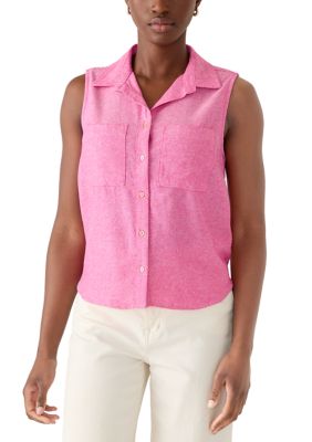 Sharagano Women's Petite Sleeveless Button Down Linen Top, Pink, PXL