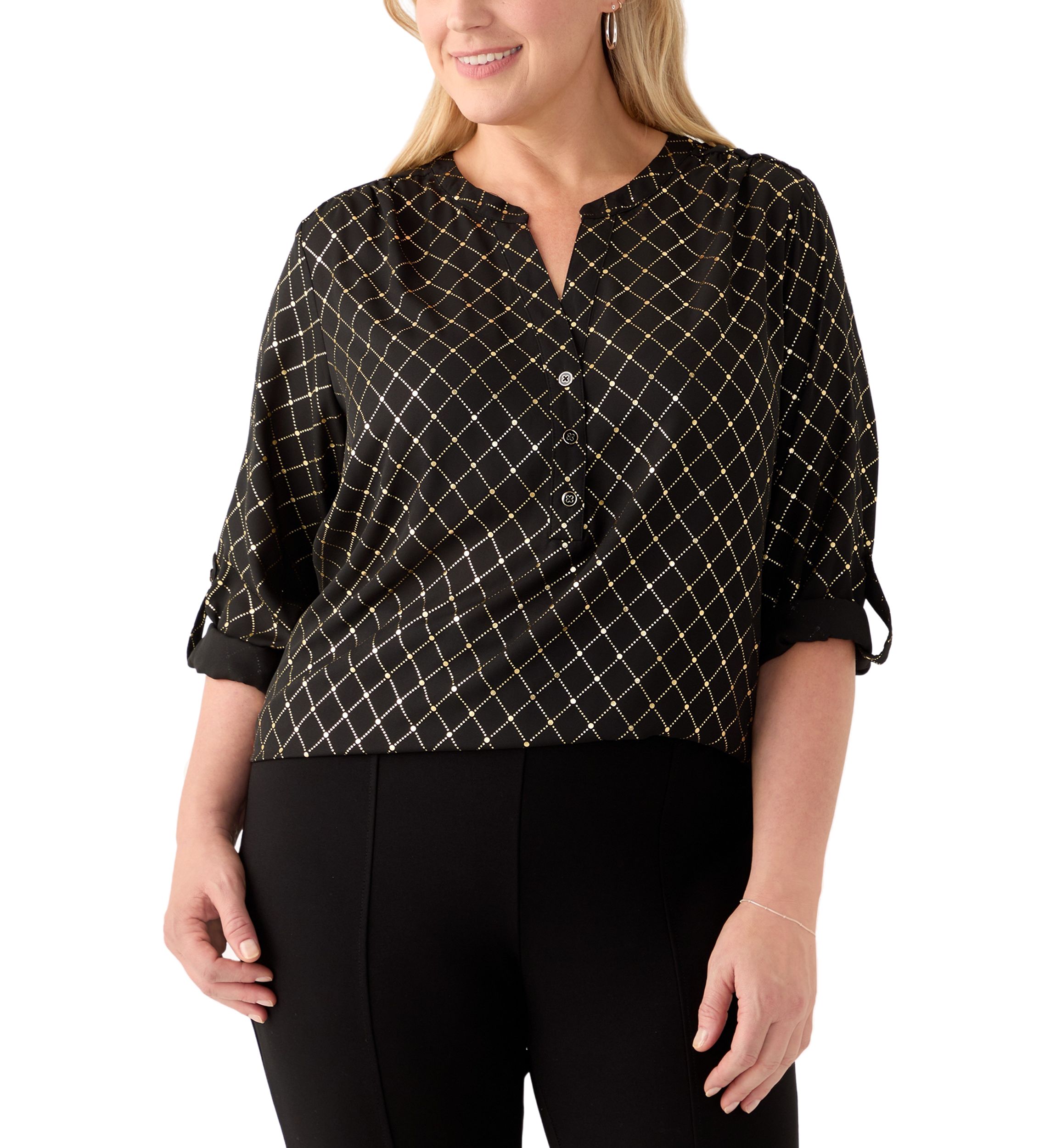 Plus Size Foil Tab Sleeve Crepe Henley Shirt 