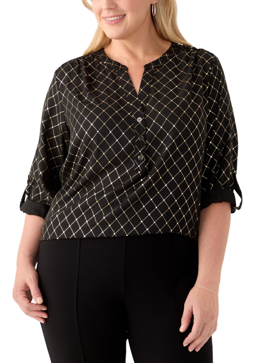 Plus Size Foil Tab Sleeve Crepe Henley Shirt 