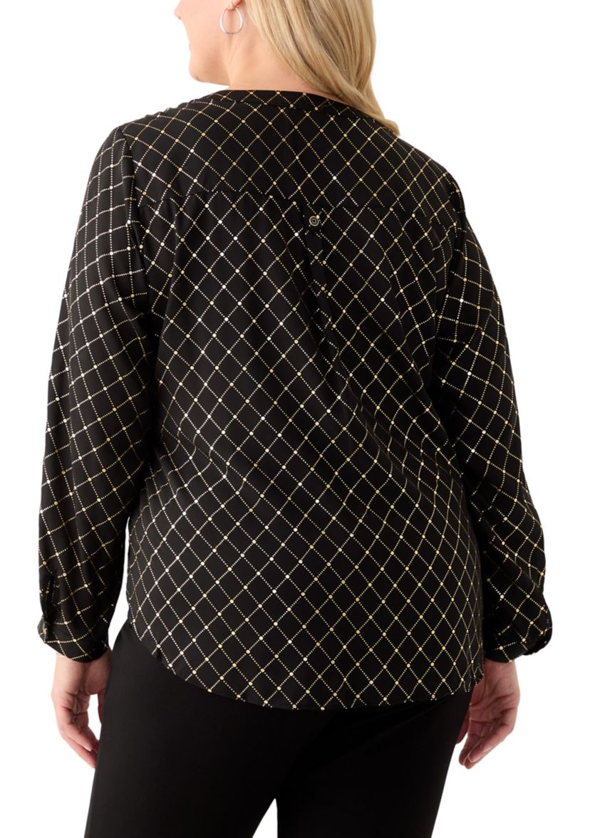 Plus Size Foil Tab Sleeve Crepe Henley Shirt 
