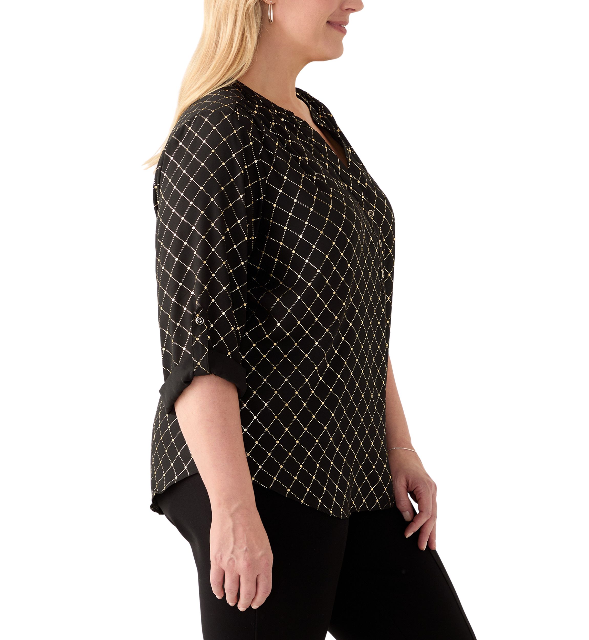 Plus Size Foil Tab Sleeve Crepe Henley Shirt 