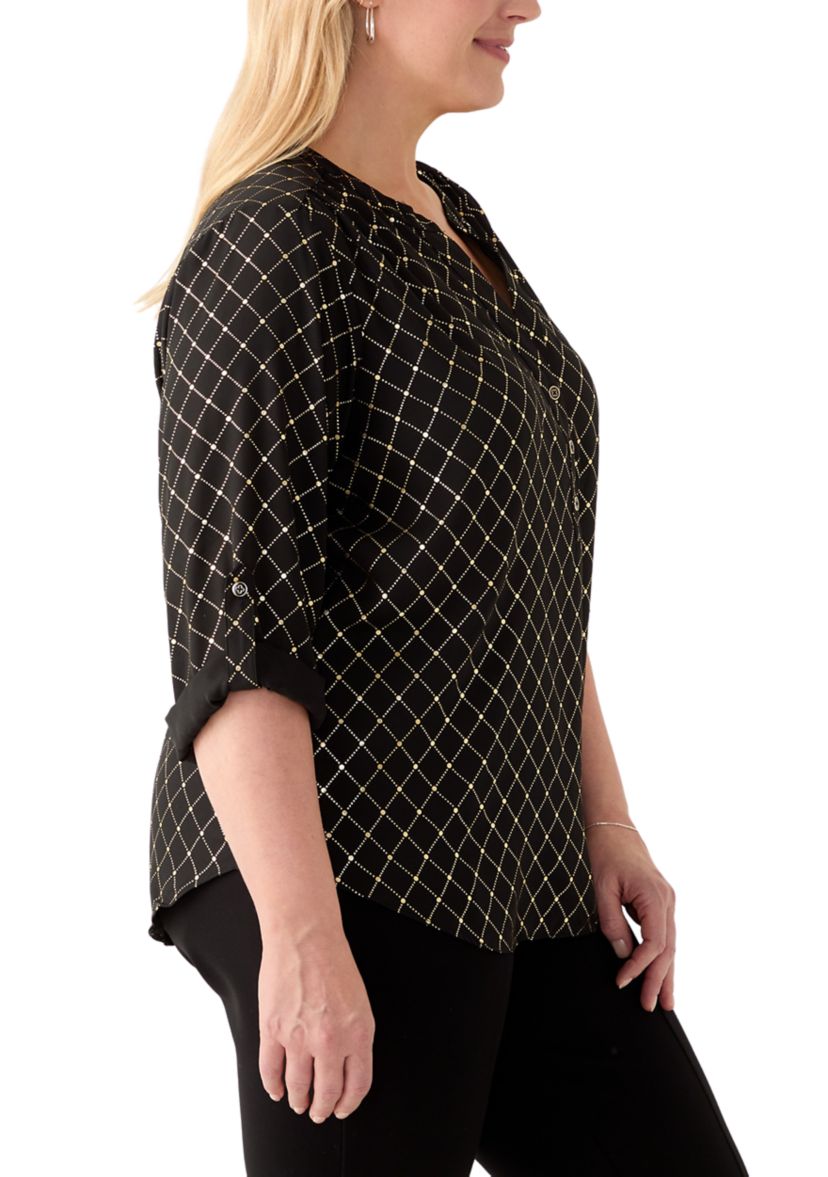 Plus Size Foil Tab Sleeve Crepe Henley Shirt 