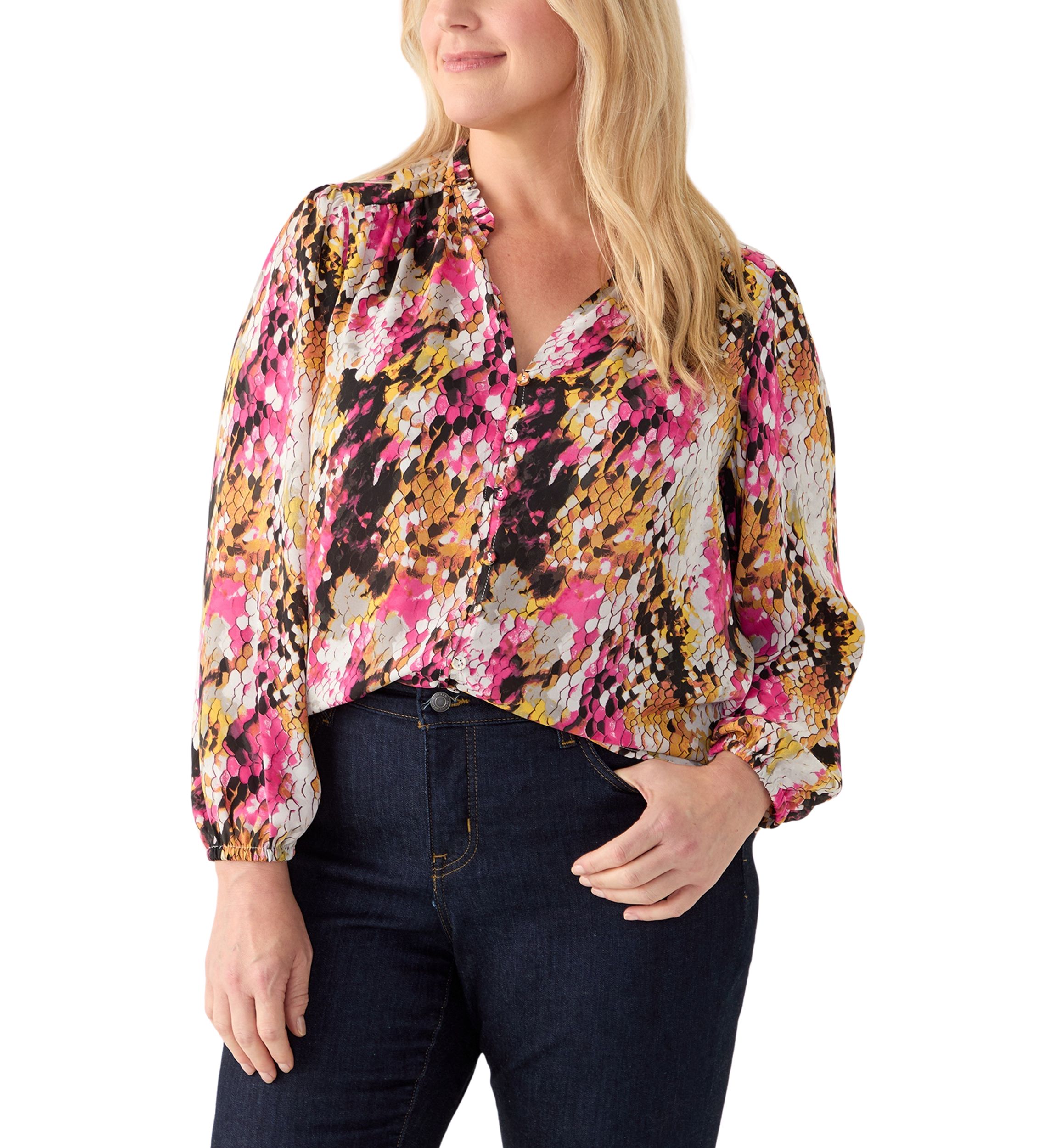 Plus Size Long Sleeve Printed Crepe Woven Blouse