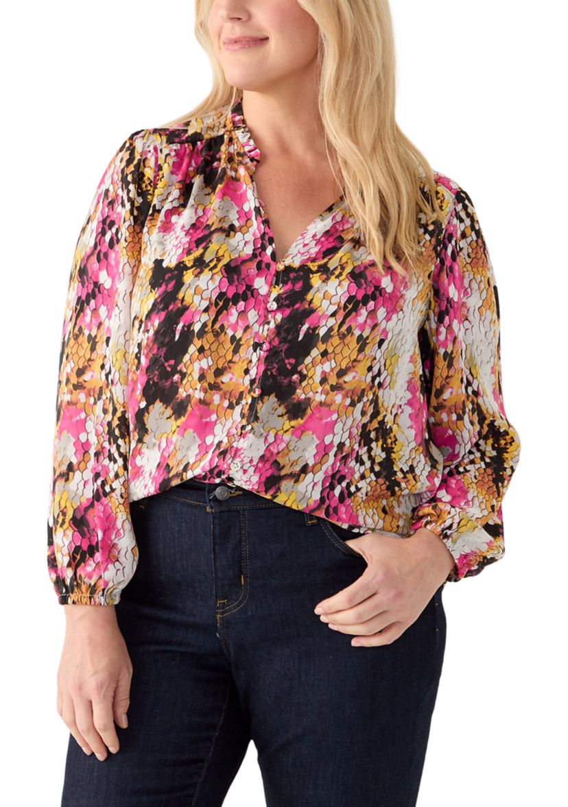 Plus Size Long Sleeve Printed Crepe Woven Blouse