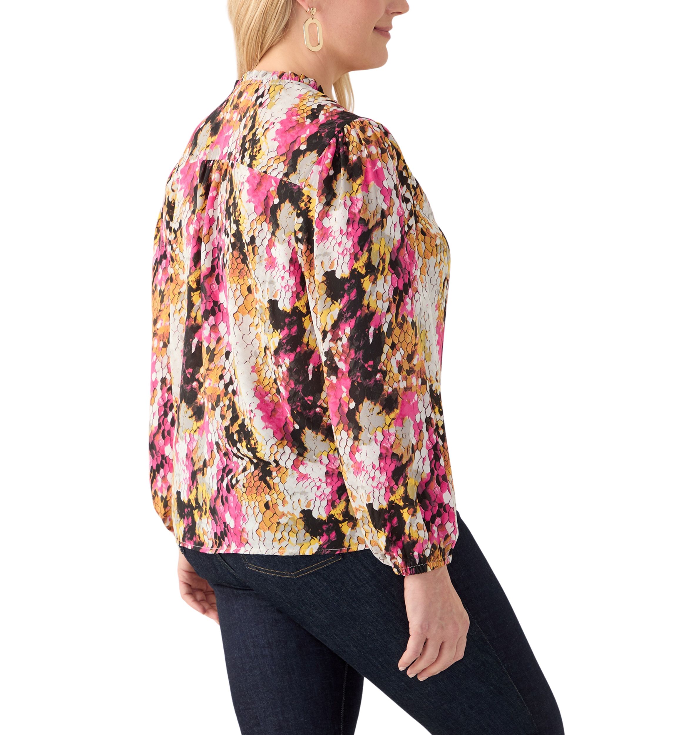 Plus Size Long Sleeve Printed Crepe Woven Blouse