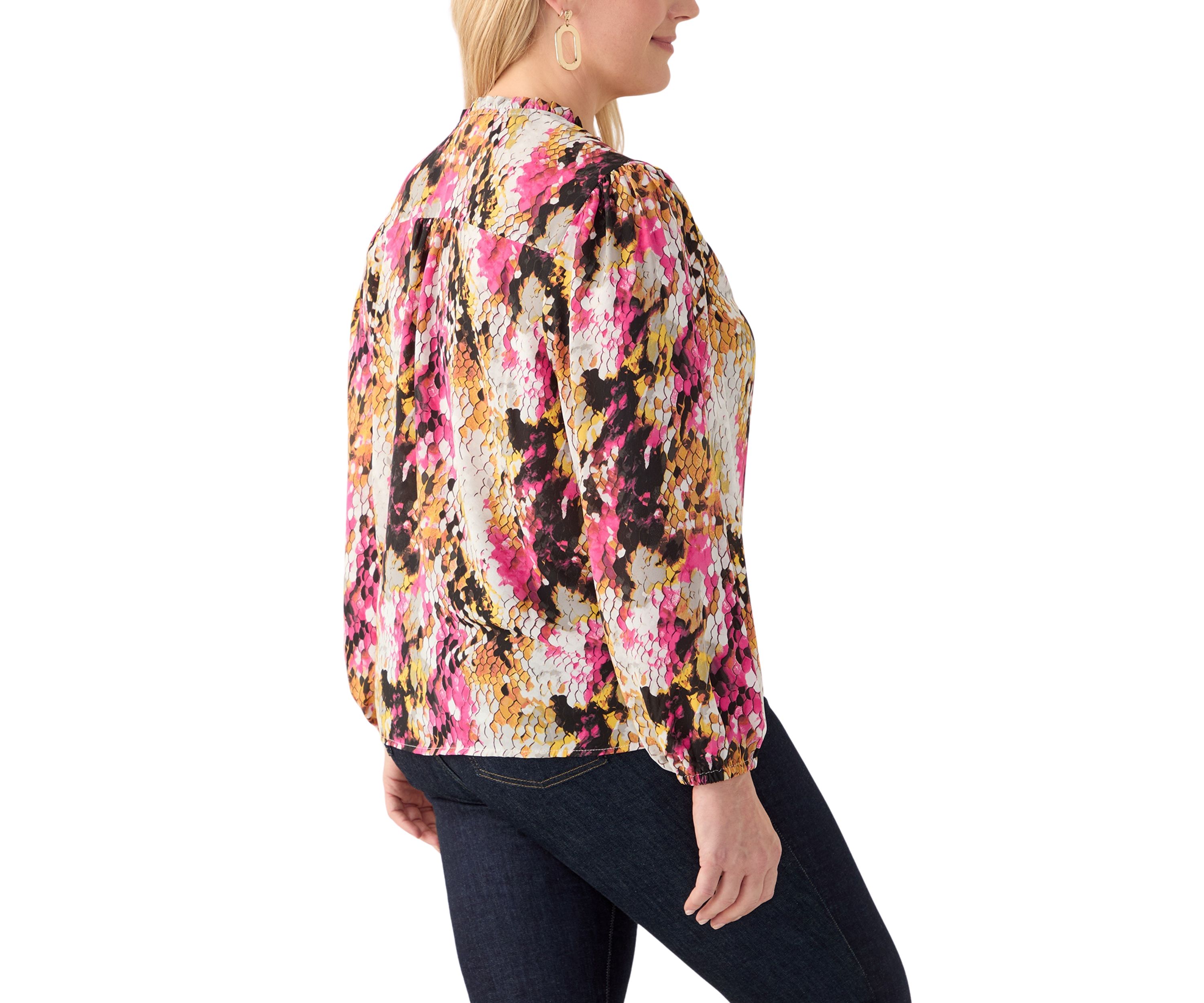 Plus Size Long Sleeve Printed Crepe Woven Blouse