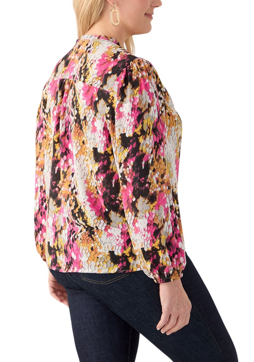 Plus Size Long Sleeve Printed Crepe Woven Blouse